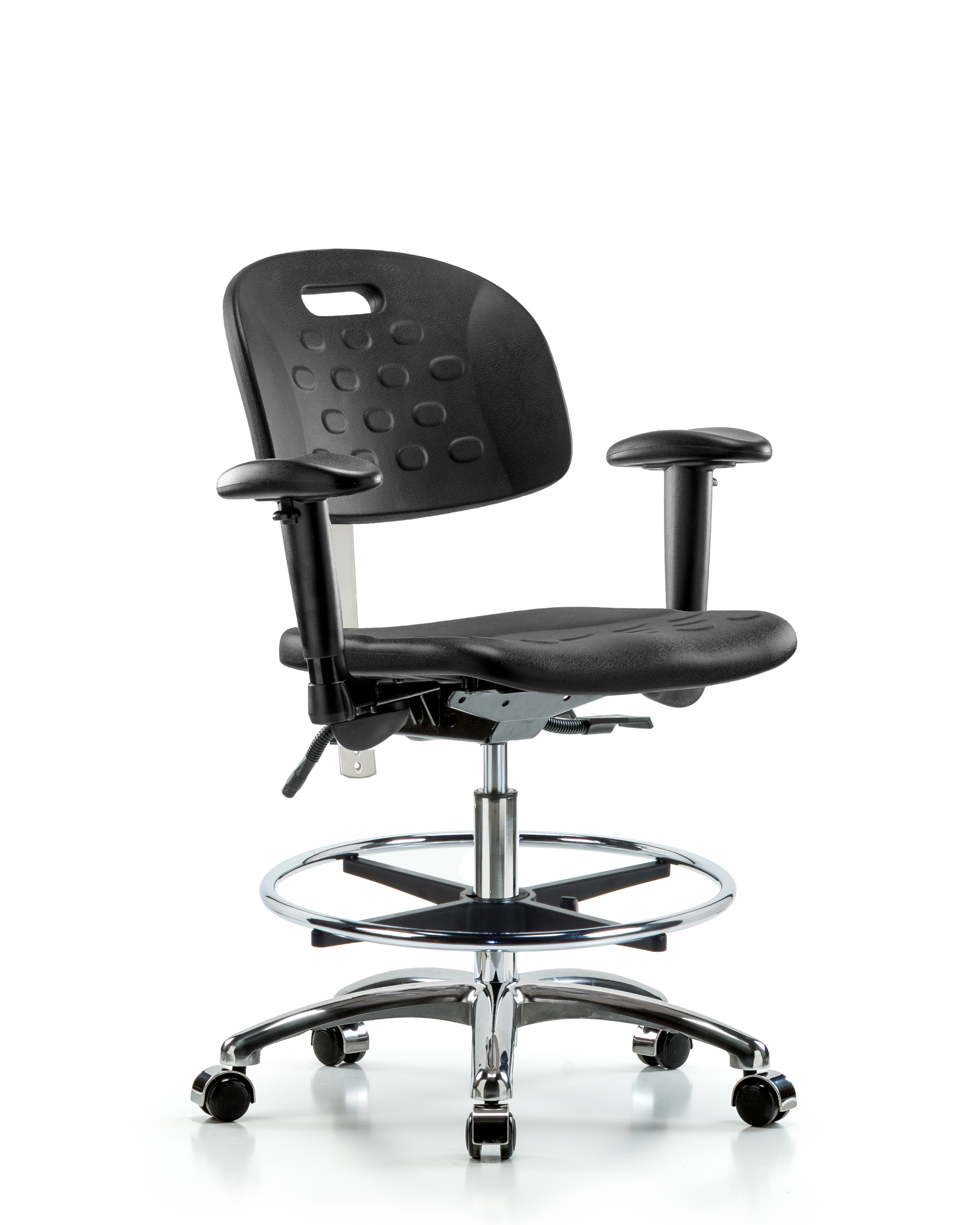 Class 100 Newport Ind Polyurethane Clean Room Chair - Medium Bench Height with Seat Tilt, Adjustable Arms, Chrome Foot Ring, & Casters in Black Polyurethane