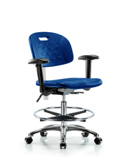 Class 100 Newport Ind Polyurethane Clean Room Chair - Medium Bench Height with Seat Tilt, Adjustable Arms, Chrome Foot Ring, & Casters in Blue Polyurethane