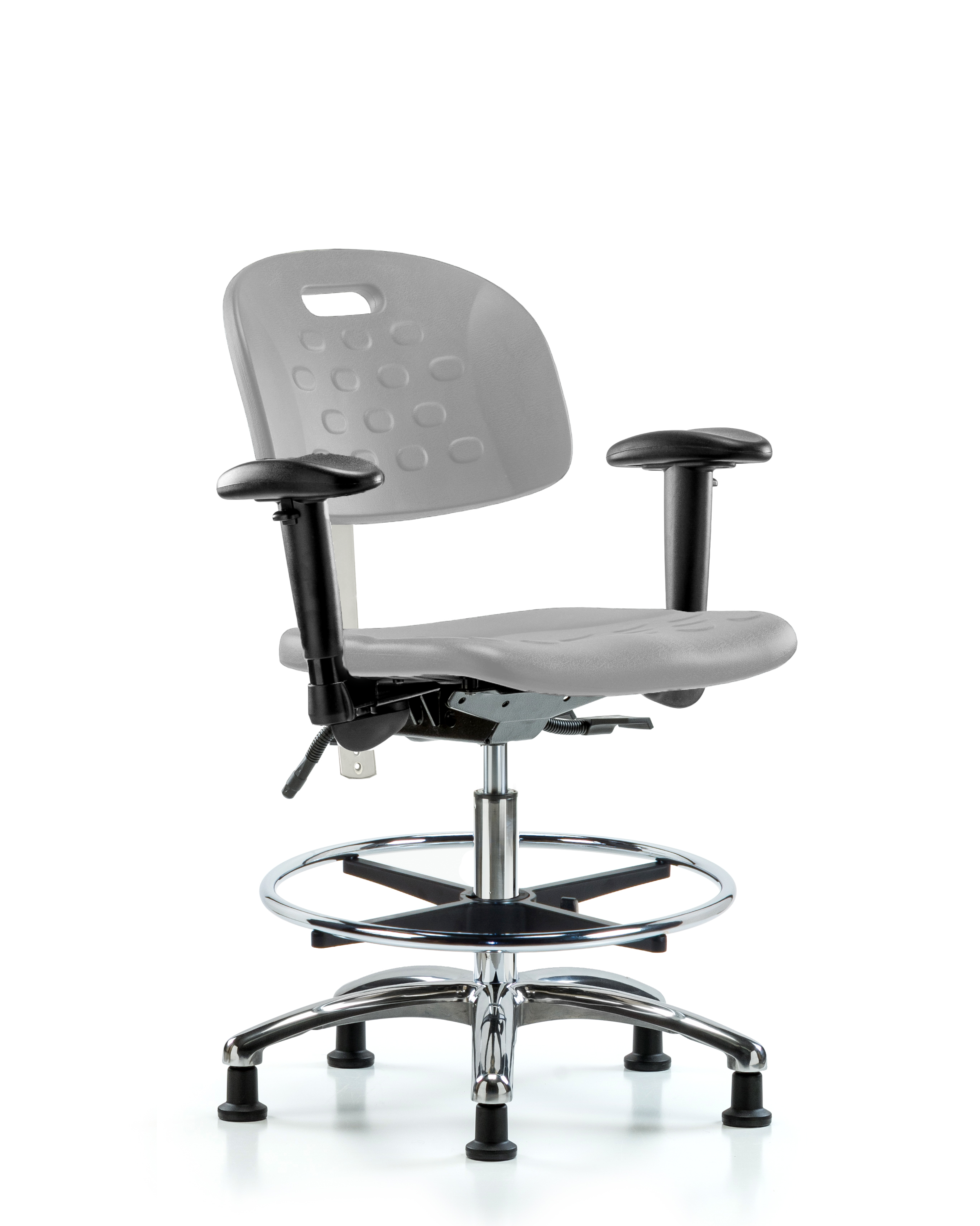 CL100 Newport Ind Polyurethane Clean Room Chair - Medium Bench Height with Seat Tilt, Adj Arms, Chrome Foot Ring, & Stationary Glides in Gray Polyurethane