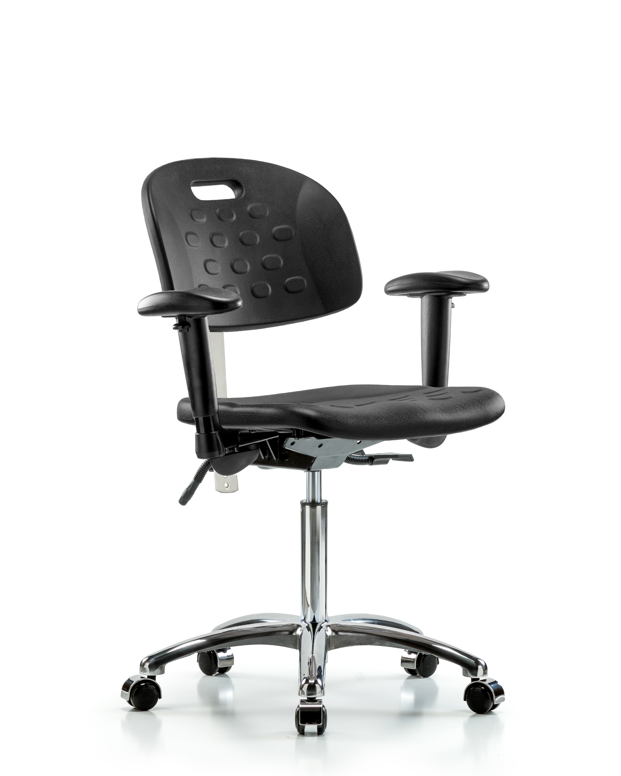Class 100 Newport Industrial Polyurethane Clean Room Chair - Medium Bench Height with Seat Tilt, Adjustable Arms, & Casters in Black Polyurethane