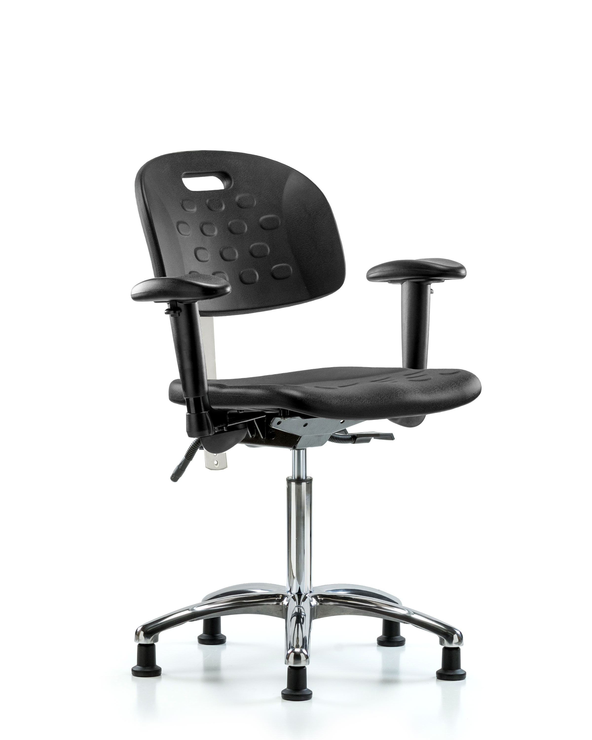 Class 100 Newport Industrial Polyurethane Clean Room Chair - Medium Bench Height with Seat Tilt, Adjustable Arms, & Stationary Glides in Black Polyurethane