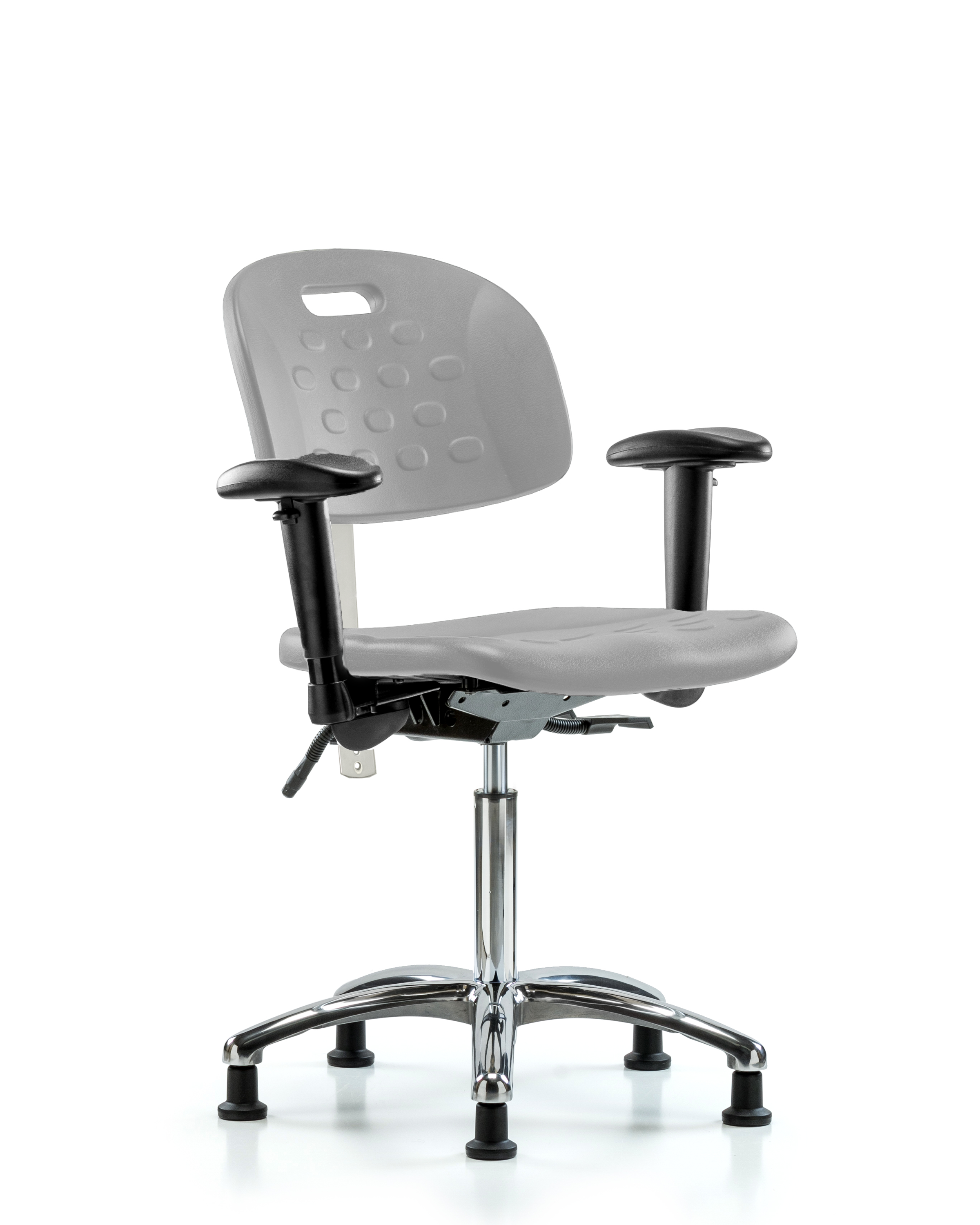 Class 100 Newport Industrial Polyurethane Clean Room Chair - Medium Bench Height with Seat Tilt, Adjustable Arms, & Stationary Glides in Gray Polyurethane