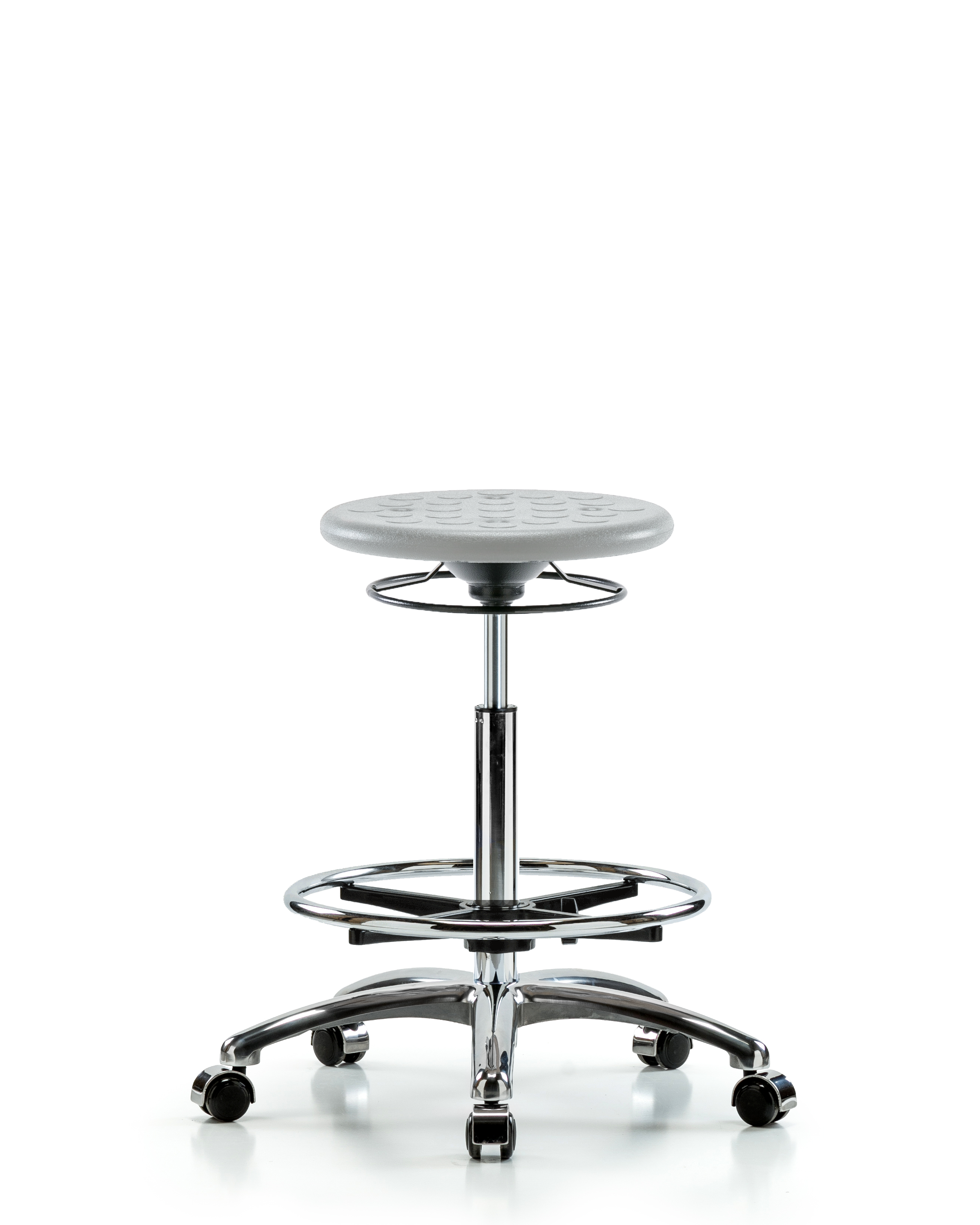 Class 10 Huron Polyurethane Clean Room Stool - High Bench Height with Chrome Foot Ring & Casters in Gray Polyurethane