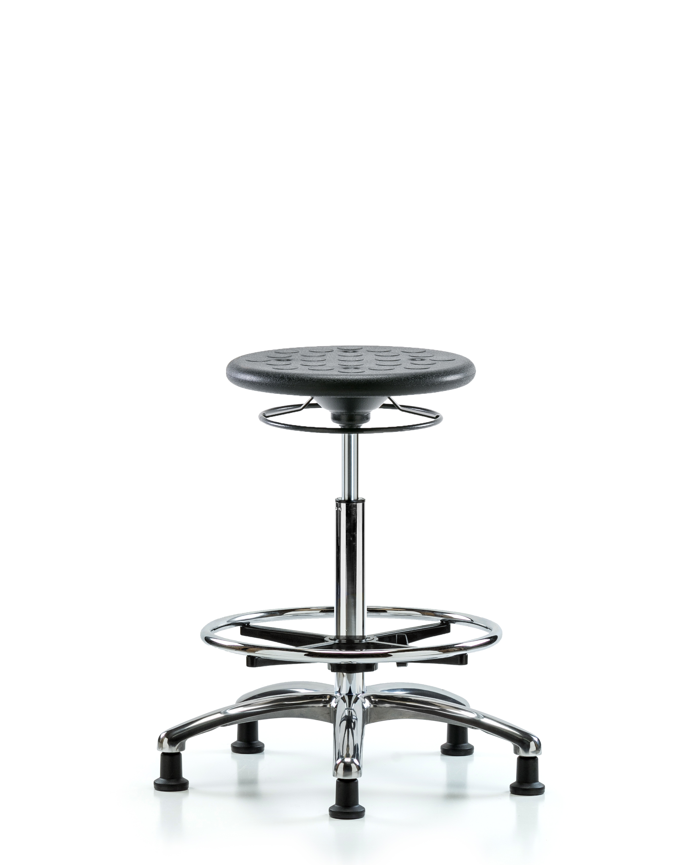 Class 10 Huron Polyurethane Clean Room Stool - High Bench Height with Chrome Foot Ring and Stationary Glides in Black Polyurethane