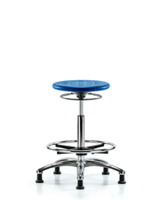 Class 10 Huron Polyurethane Clean Room Stool - High Bench Height with Chrome Foot Ring & Stationary Glides in Blue Polyurethane