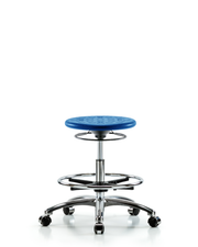 Class 10 Huron Polyurethane Clean Room Stool - Medium Bench Height with Chrome Foot Ring & Casters in Blue Polyurethane