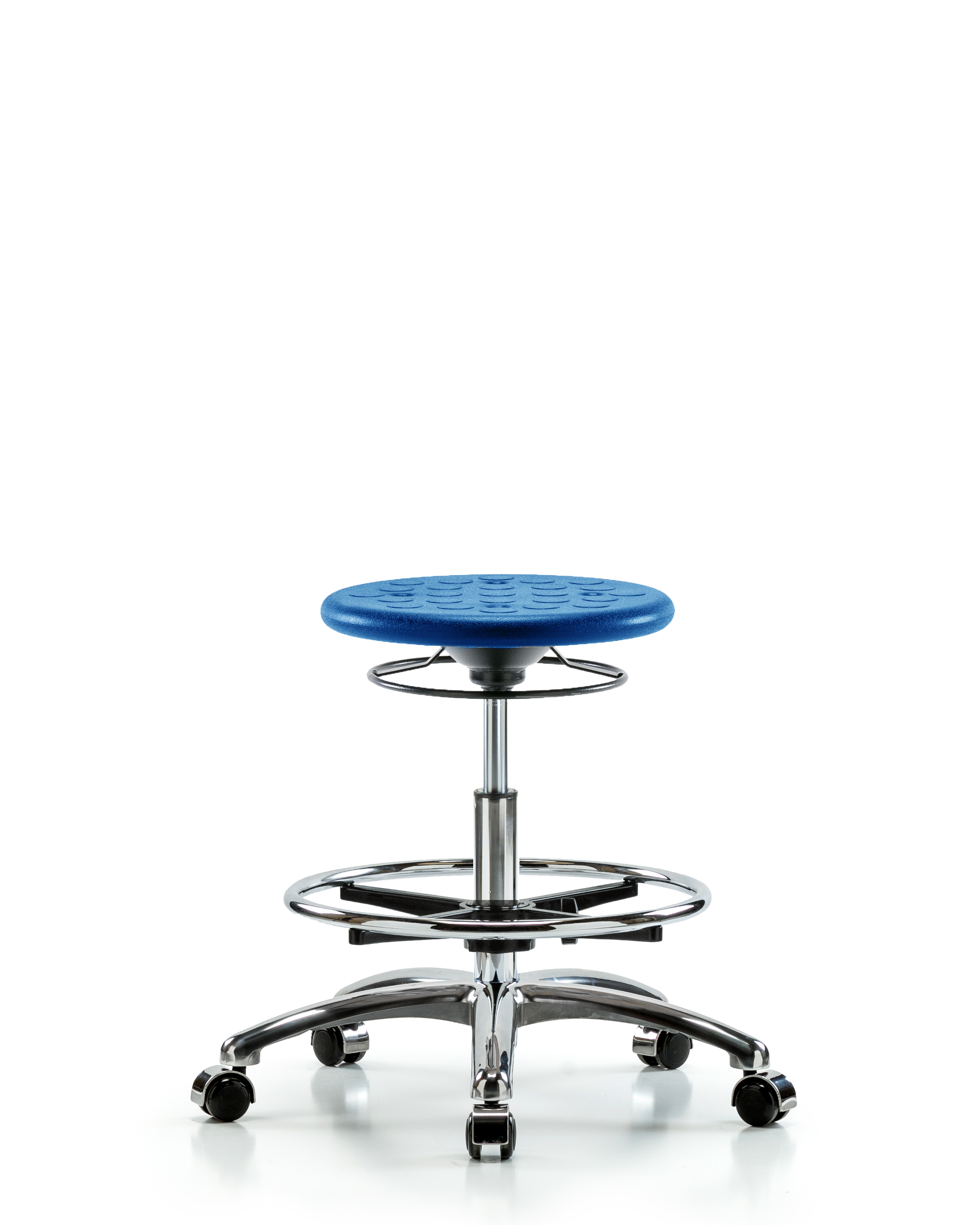 Class 10 Huron Polyurethane Clean Room Stool - Medium Bench Height with Chrome Foot Ring & Casters in Blue Polyurethane