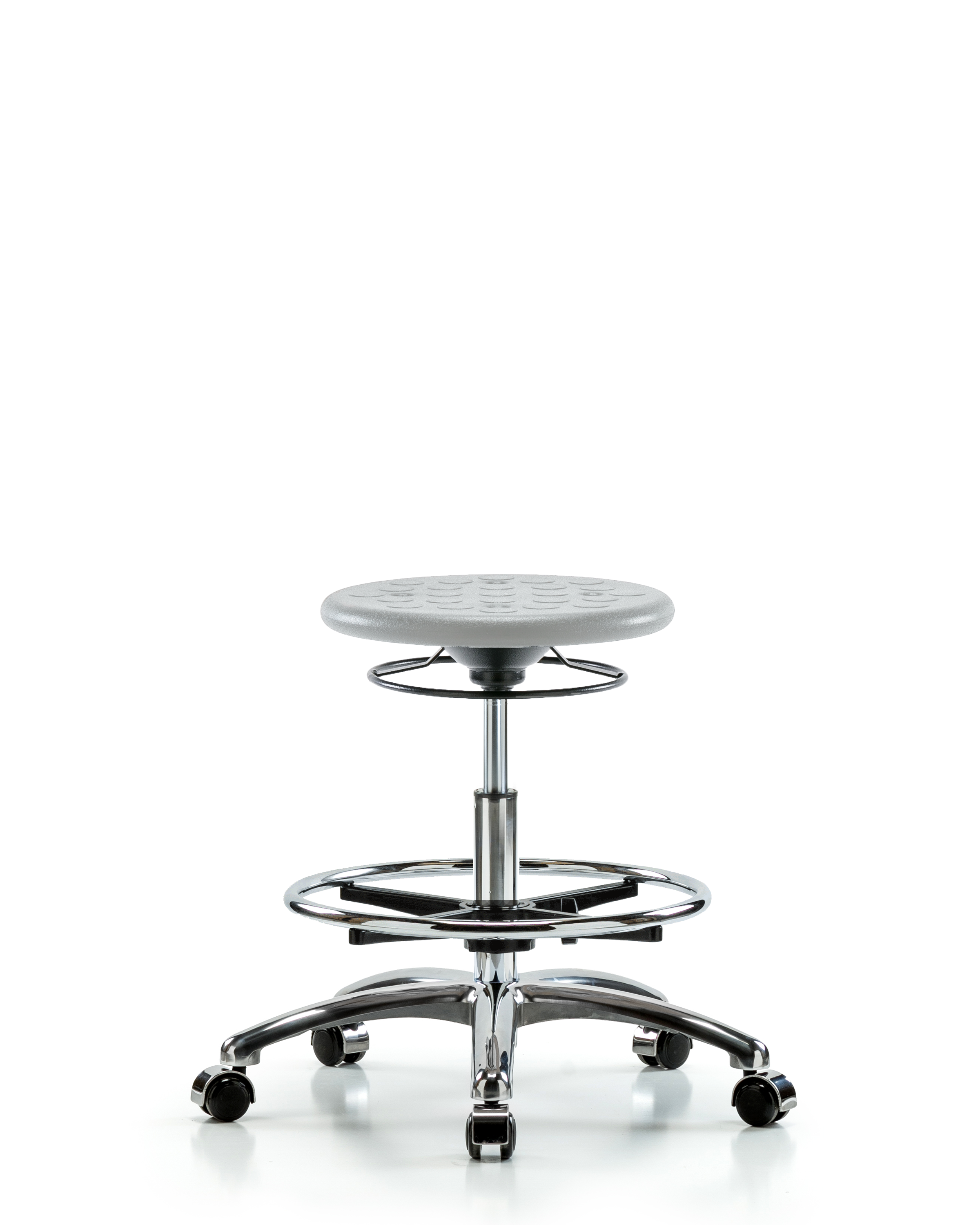 Class 10 Huron Polyurethane Clean Room Stool - Medium Bench Height with Chrome Foot Ring & Casters in Gray Polyurethane