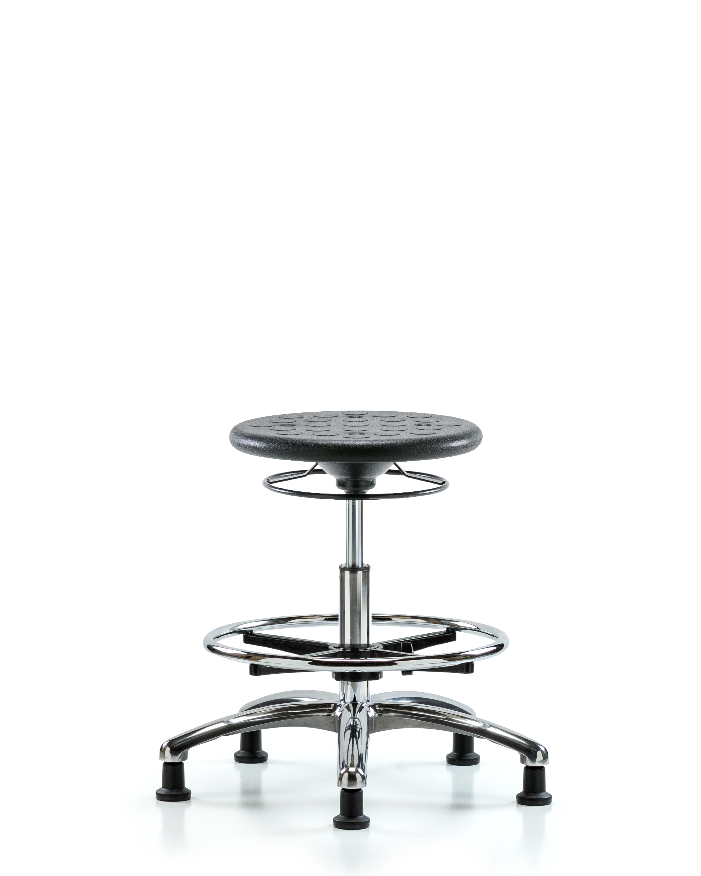 Class 10 Huron Polyurethane Clean Room Stool - Medium Bench Height with Chrome Foot Ring and Stationary Glides in Black Polyurethane