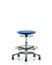 Class 10 Huron Polyurethane Clean Room Stool - Medium Bench Height with Chrome Foot Ring & Stationary Glides in Blue Polyurethane