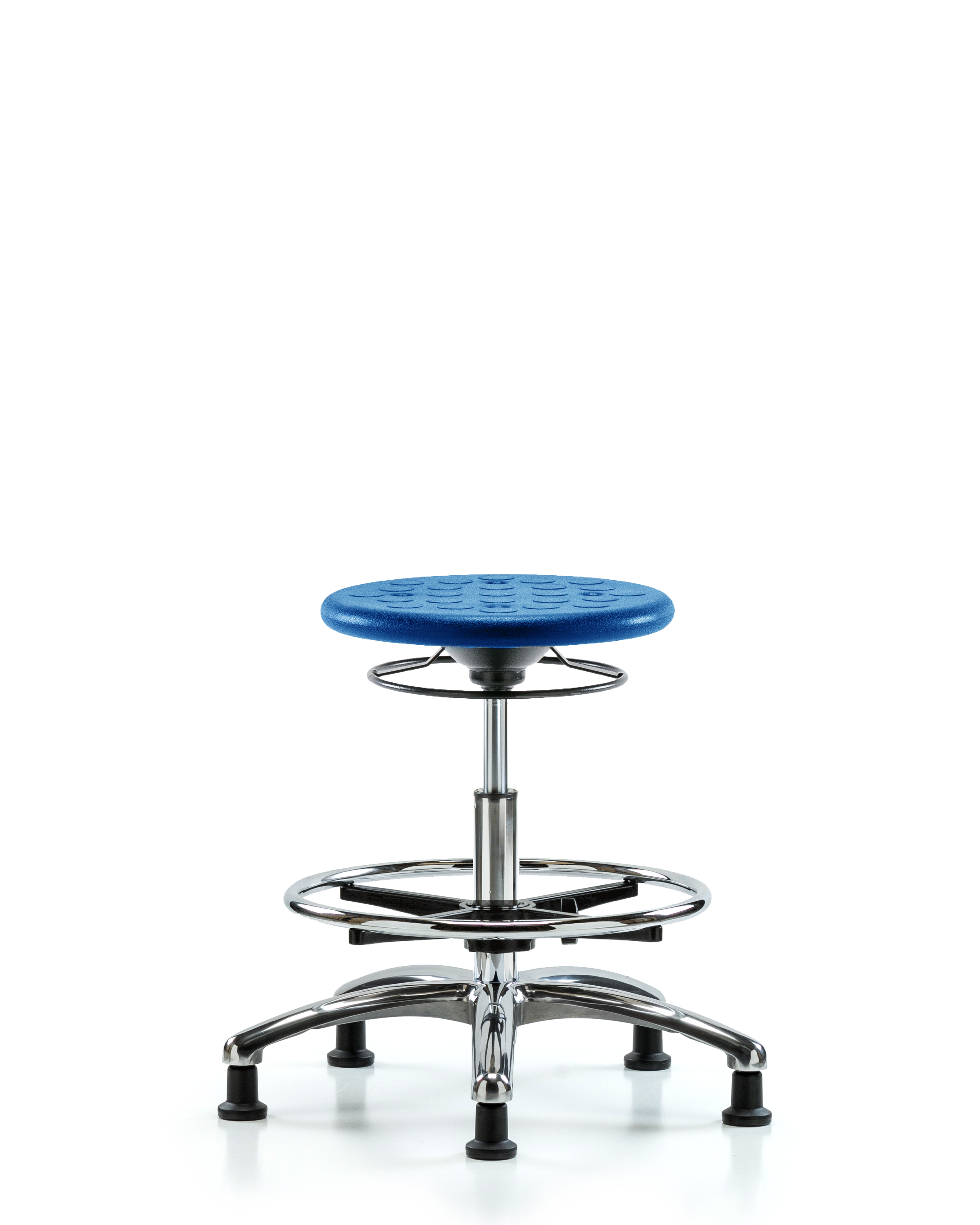 Class 10 Huron Polyurethane Clean Room Stool - Medium Bench Height with Chrome Foot Ring & Stationary Glides in Blue Polyurethane