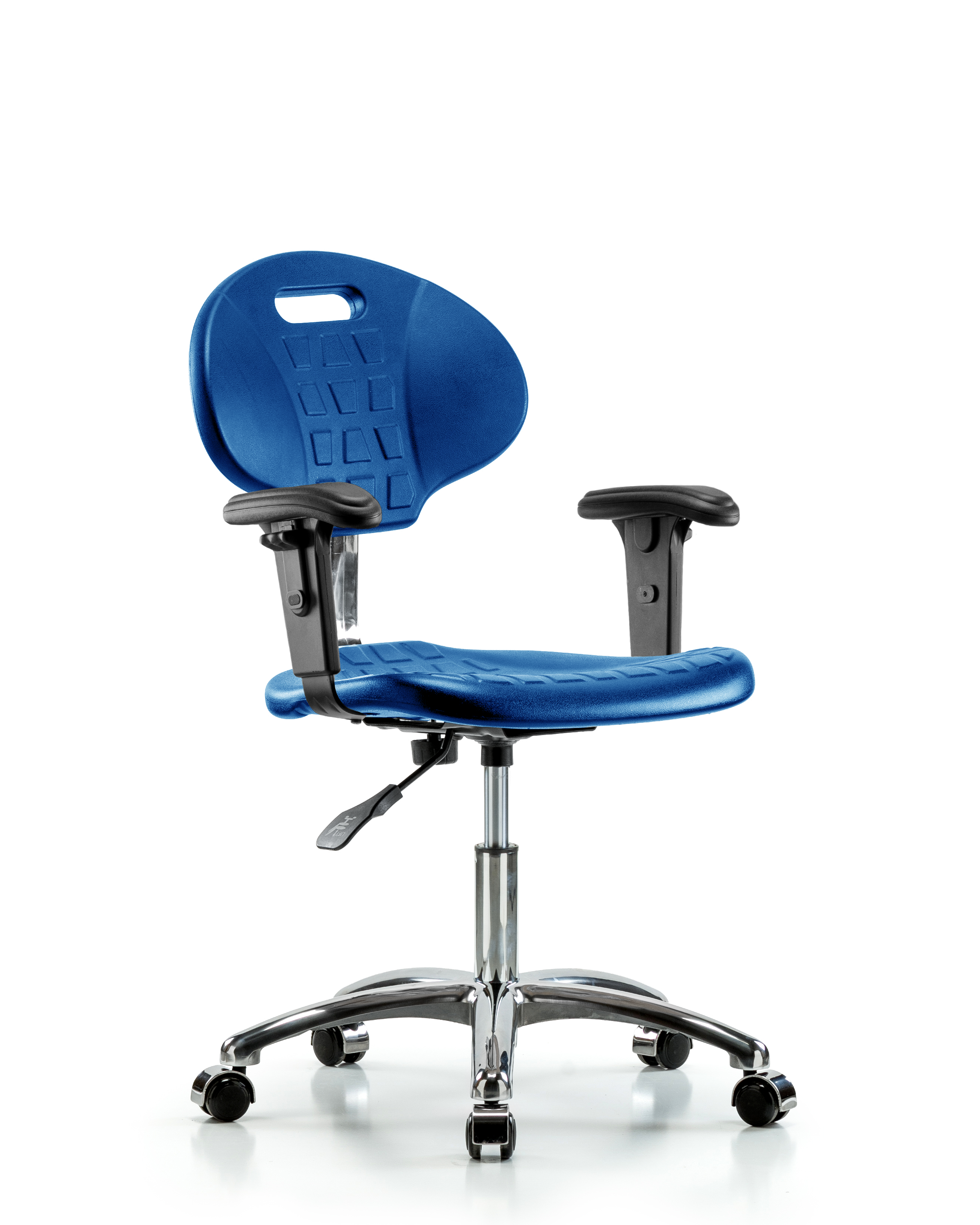 Class 100 Erie Polyurethane Clean Room Chair - Desk Height with Adjustable Arms & Casters in Blue Polyurethane