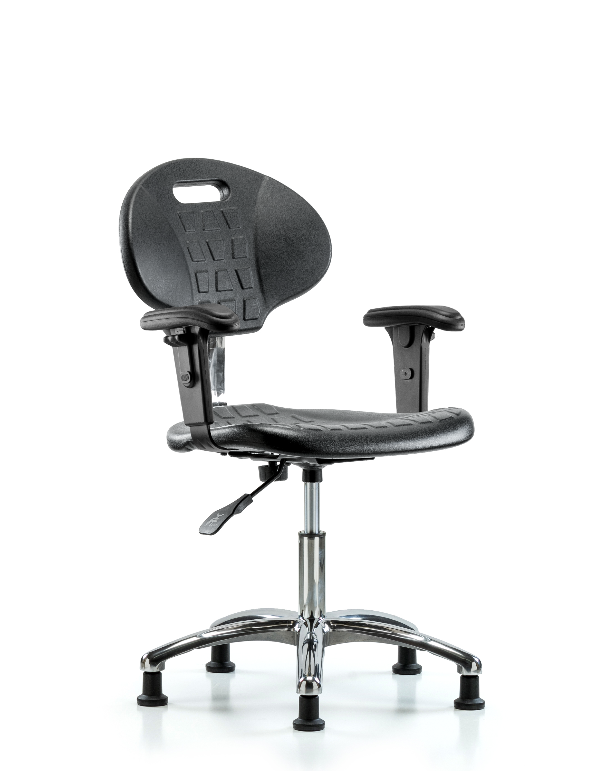 Class 100 Erie Polyurethane Clean Room Chair - Desk Height with Adjustable Arms & Stationary Glides in Black Polyurethane