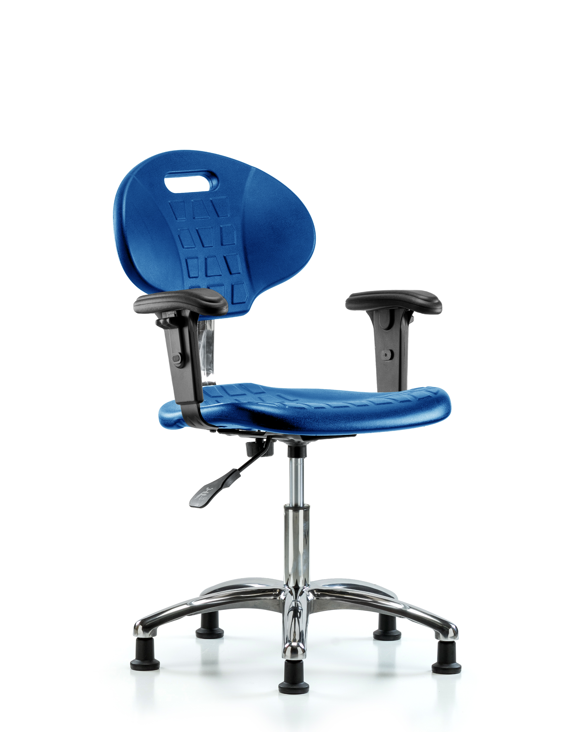 Class 100 Erie Polyurethane Clean Room Chair - Desk Height with Adjustable Arms & Stationary Glides in Blue Polyurethane