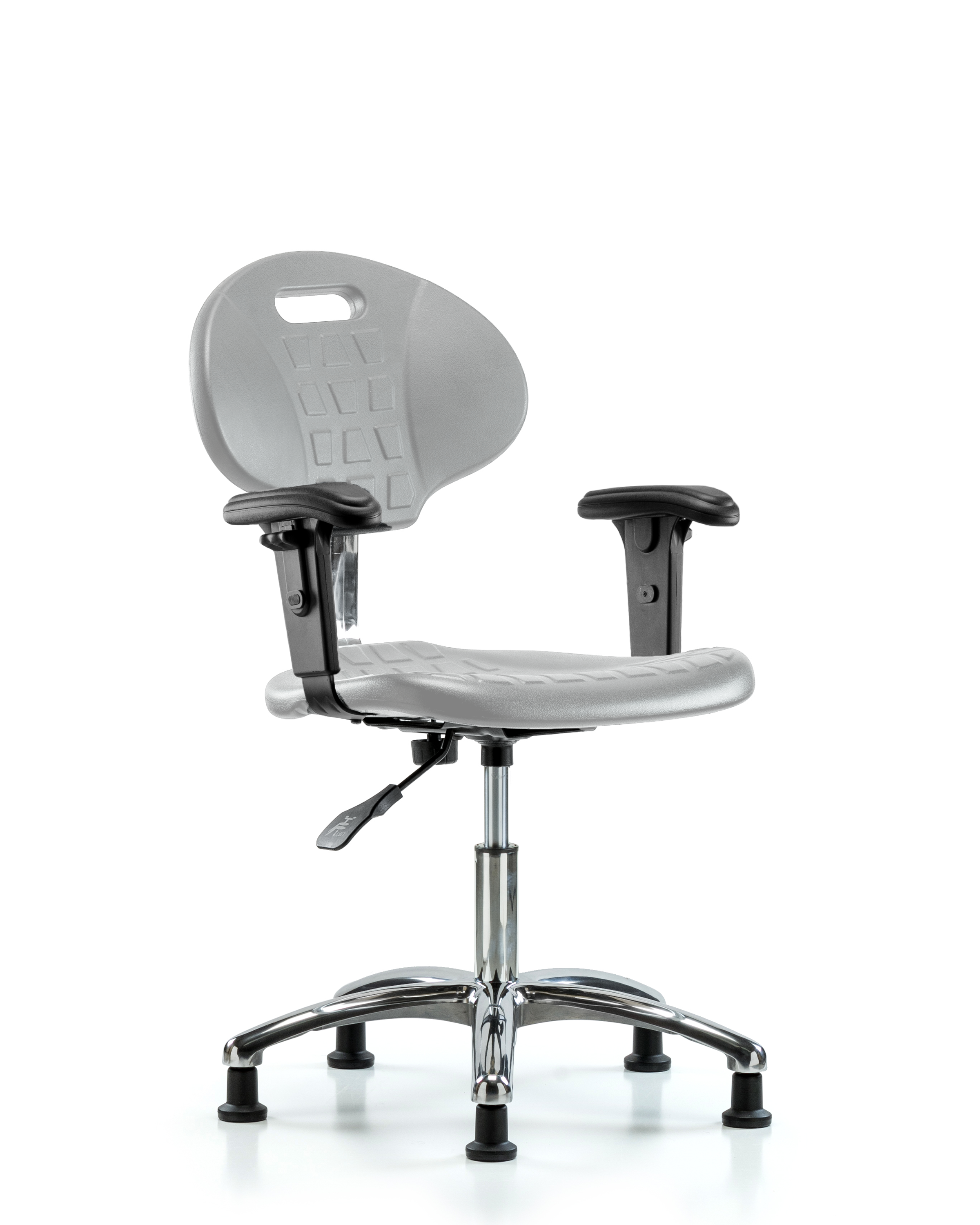 Class 100 Erie Polyurethane Clean Room Chair - Desk Height with Adjustable Arms & Stationary Glides in Gray Polyurethane