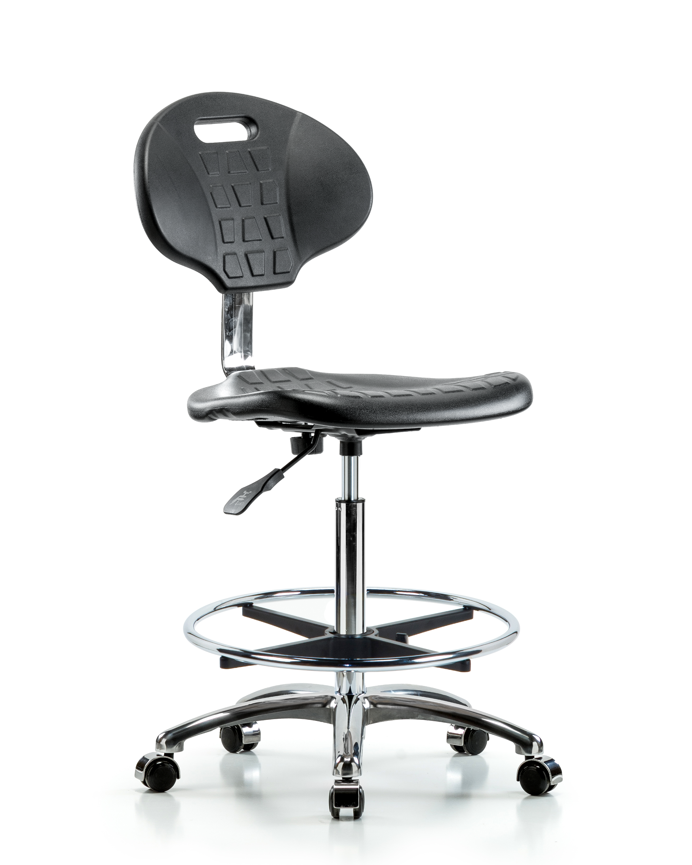 Class 10 Erie Polyurethane Clean Room Chair - High Bench Height with Chrome Foot Ring & Casters in Black Polyurethane