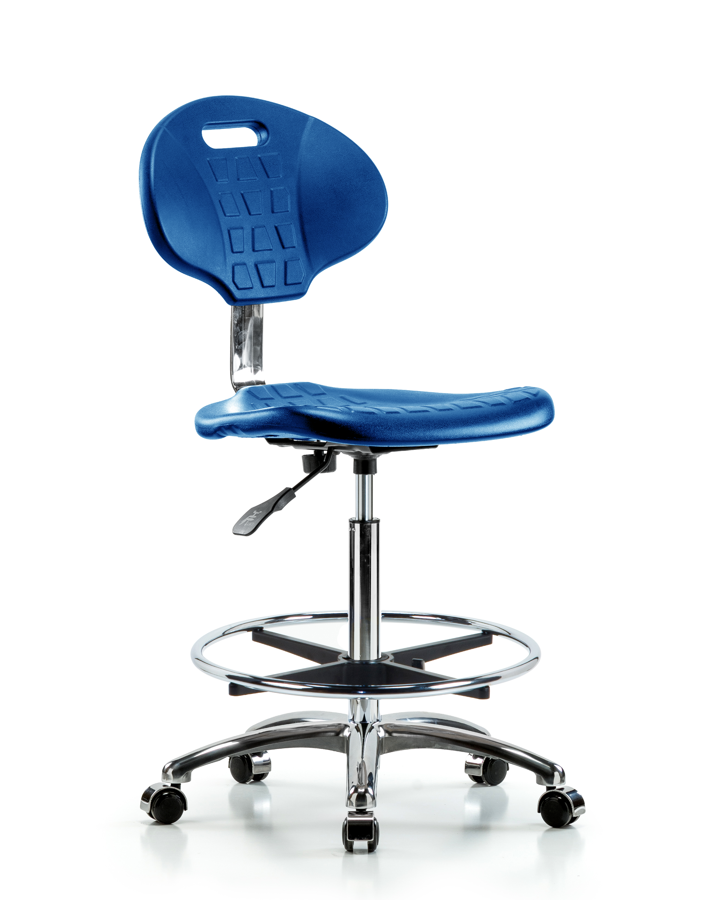 Class 10 Erie Polyurethane Clean Room Chair - High Bench Height with Chrome Foot Ring & Casters in Blue Polyurethane