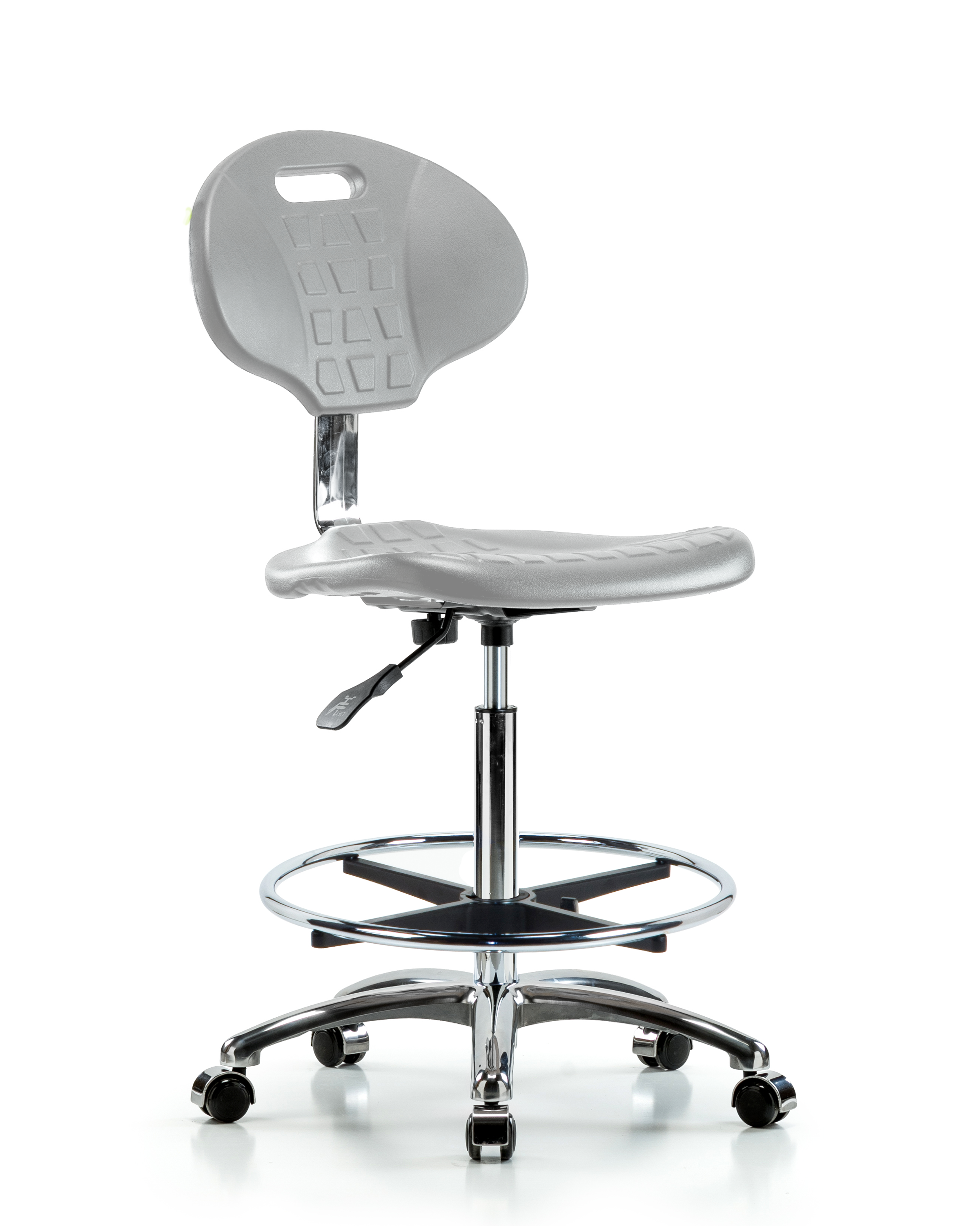 Class 10 Erie Polyurethane Clean Room Chair - High Bench Height with Chrome Foot Ring & Casters in Gray Polyurethane