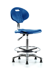Class 10 Erie Polyurethane Clean Room Chair - High Bench Height with Chrome Foot Ring & Stationary Glides in Blue Polyurethane