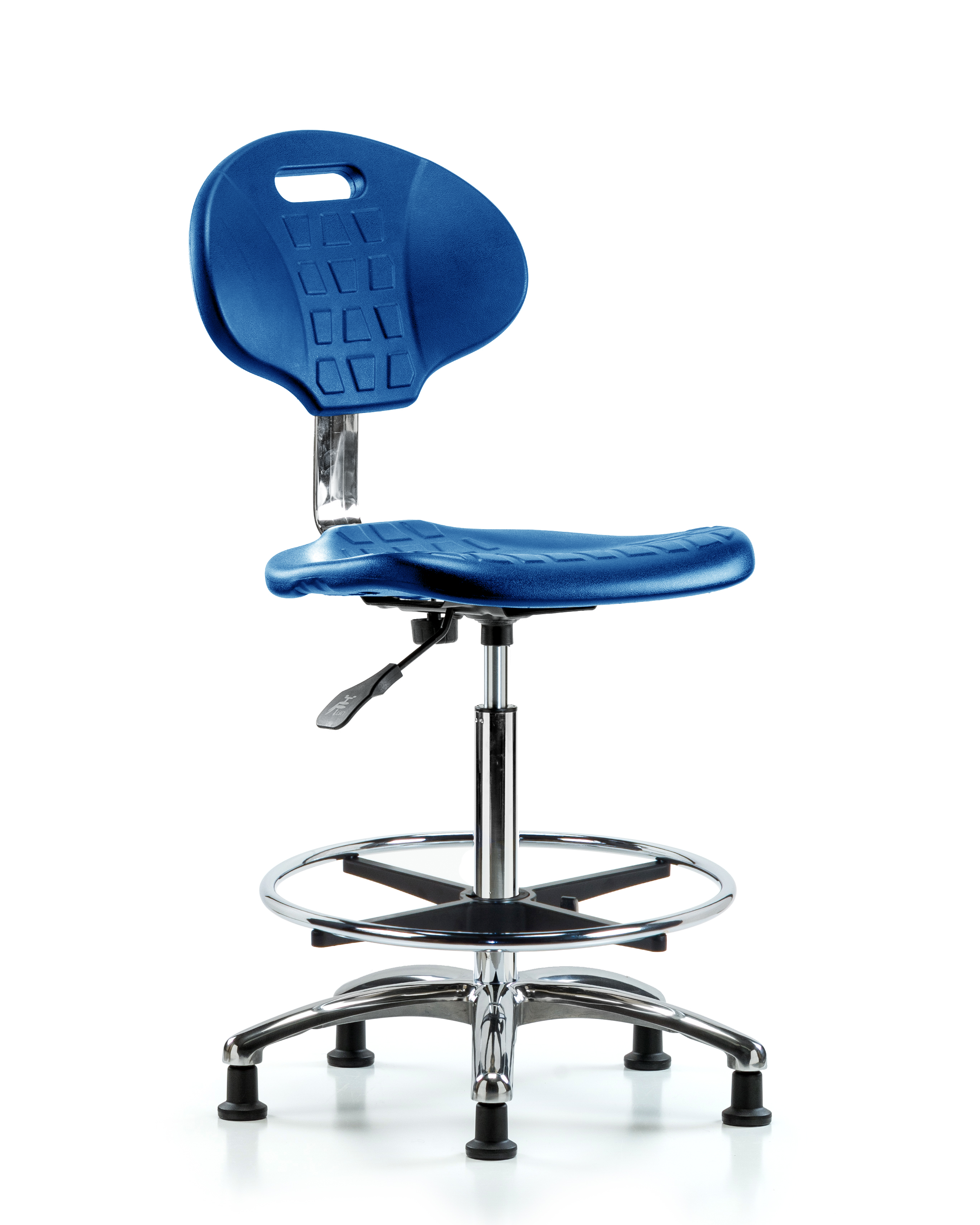 Class 10 Erie Polyurethane Clean Room Chair - High Bench Height with Chrome Foot Ring & Stationary Glides in Blue Polyurethane