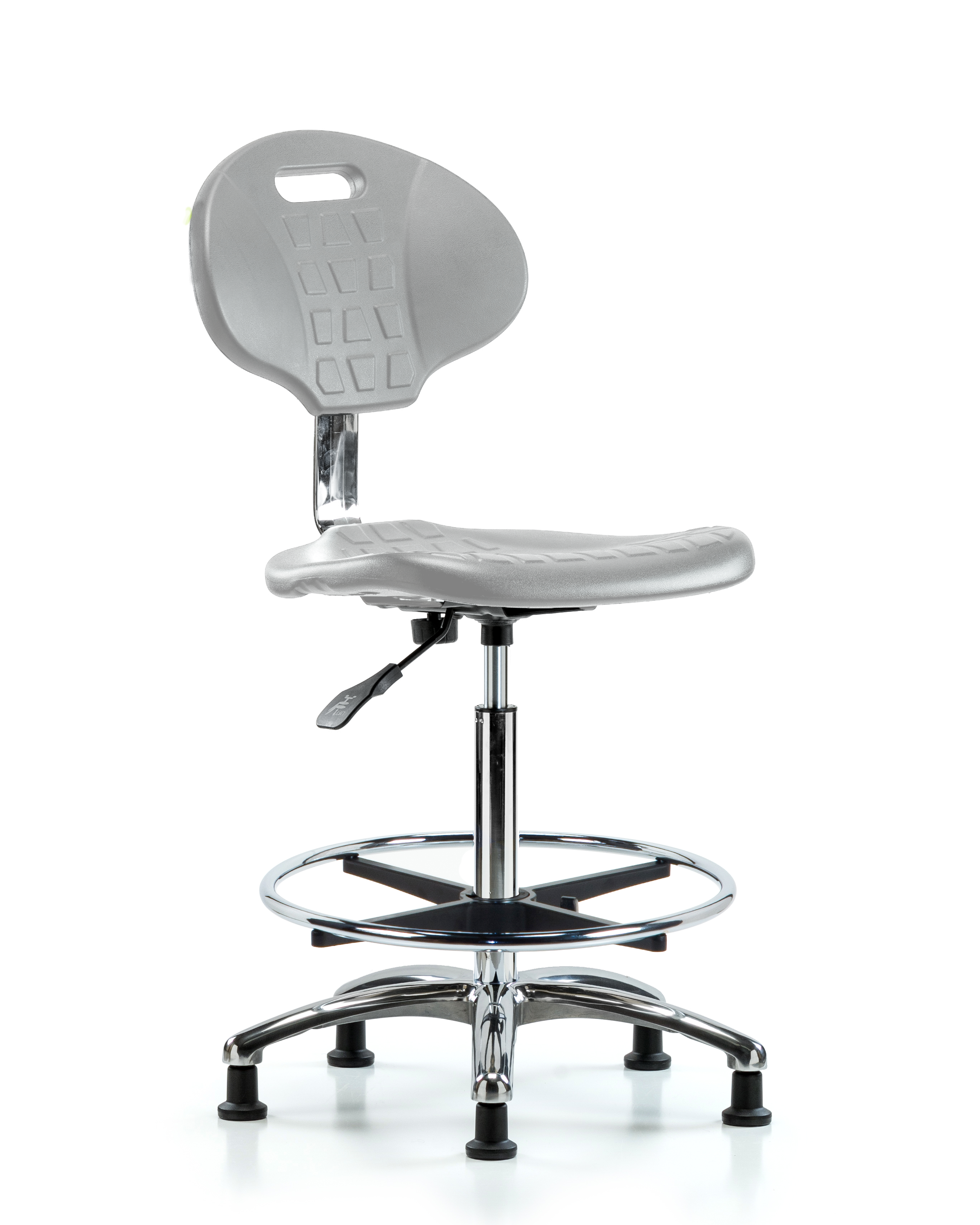 Class 10 Erie Polyurethane Clean Room Chair - High Bench Height with Chrome Foot Ring & Stationary Glides in Gray Polyurethane