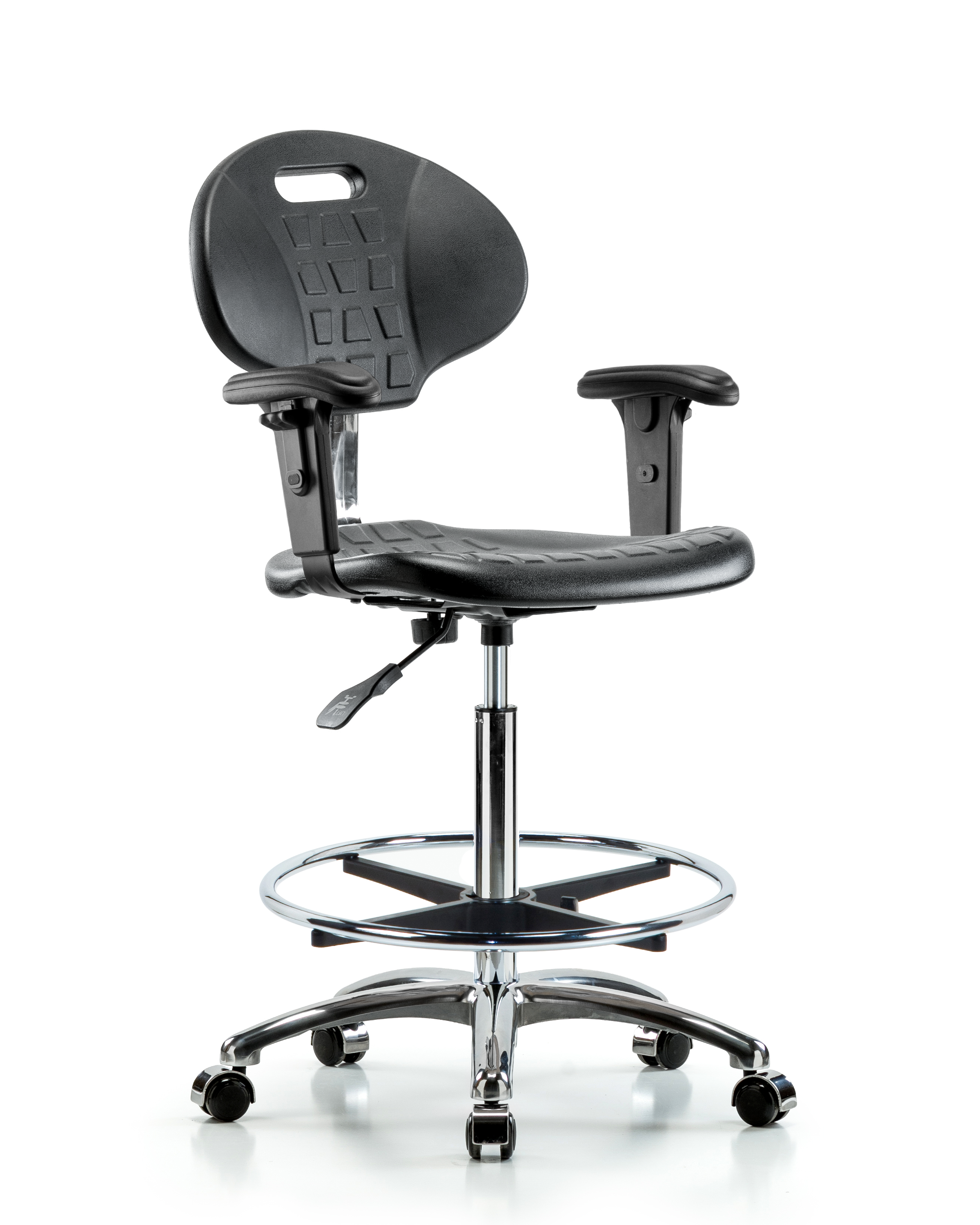 Class 100 Erie Polyurethane Clean Room Chair - High Bench Height with Adjustable Arms, Chrome Foot Ring, & Casters in Black Polyurethane