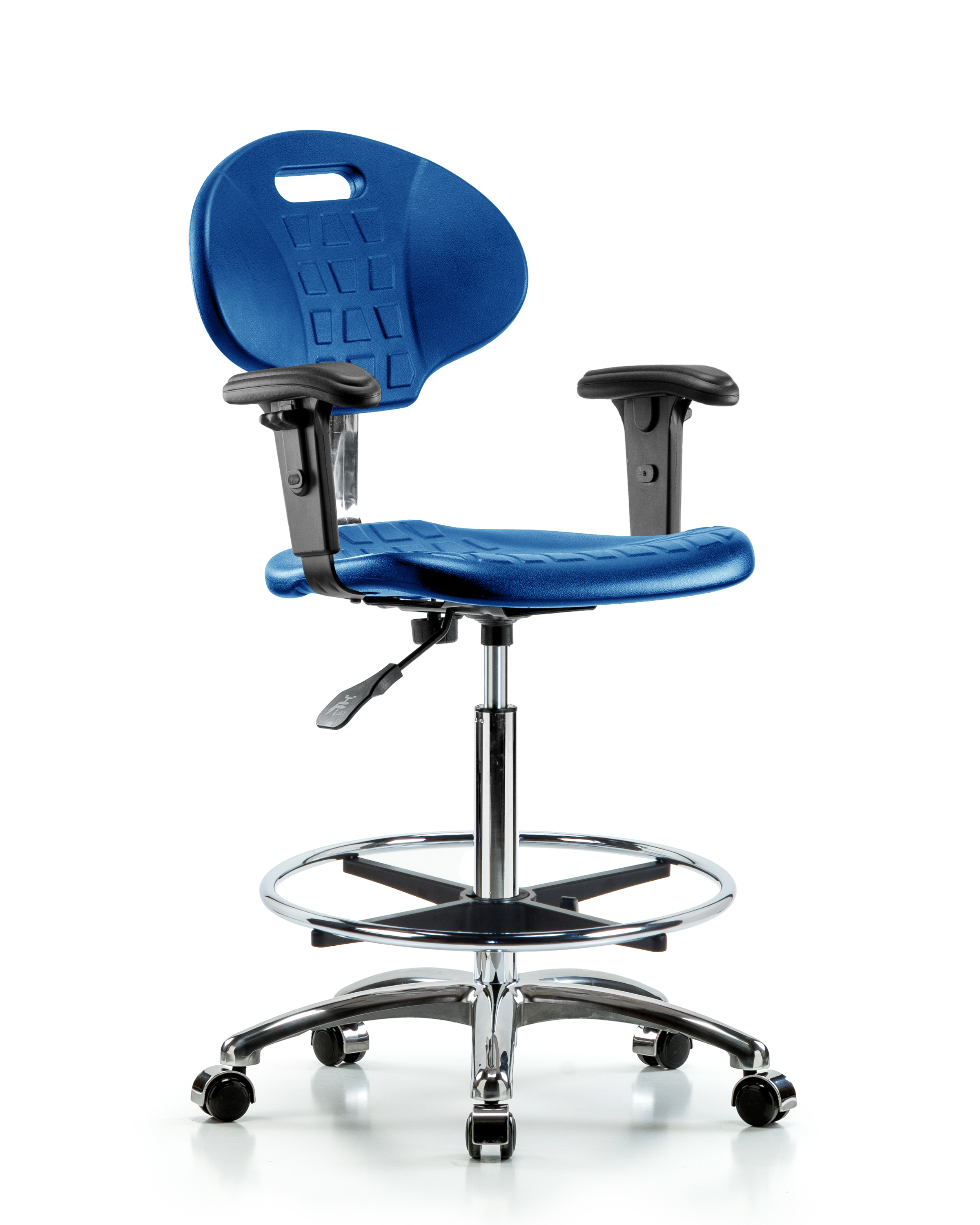 Class 100 Erie Polyurethane Clean Room Chair - High Bench Height with Adjustable Arms, Chrome Foot Ring, & Casters in Blue Polyurethane