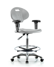 Class 100 Erie Polyurethane Clean Room Chair - High Bench Height with Adjustable Arms, Chrome Foot Ring, & Casters in Gray Polyurethane