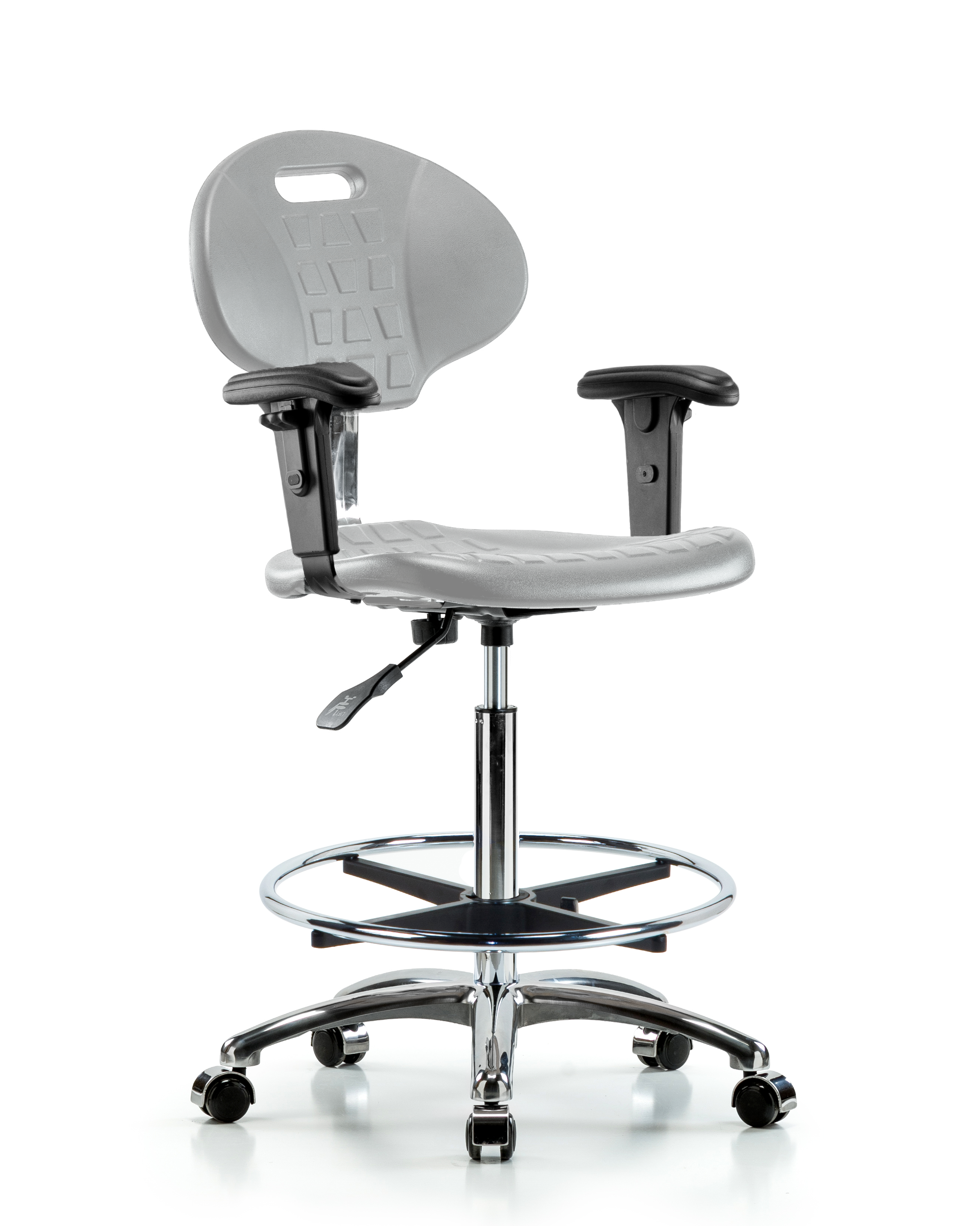 Class 100 Erie Polyurethane Clean Room Chair - High Bench Height with Adjustable Arms, Chrome Foot Ring, & Casters in Gray Polyurethane