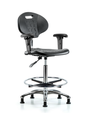 Class 100 Erie Polyurethane Clean Room Chair - High Bench Height with Adjustable Arms, Chrome Foot Ring & Stationary Glides in Black Polyurethane