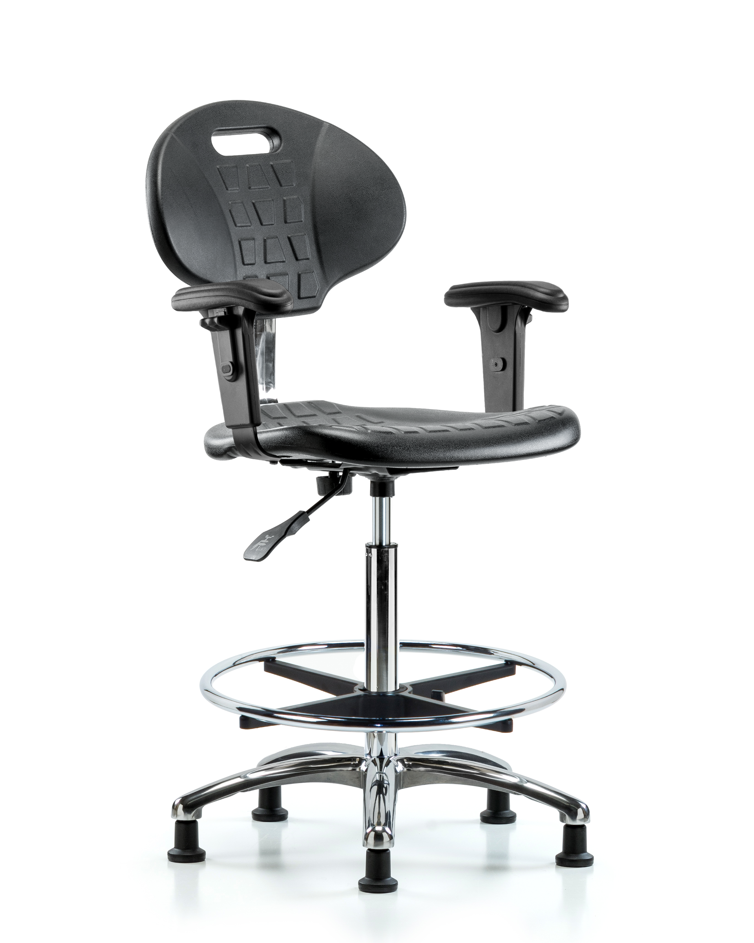Class 100 Erie Polyurethane Clean Room Chair - High Bench Height with Adjustable Arms, Chrome Foot Ring & Stationary Glides in Black Polyurethane