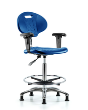Class 100 Erie Polyurethane Clean Room Chair - High Bench Height with Adjustable Arms, Chrome Foot Ring & Stationary Glides in Blue Polyurethane