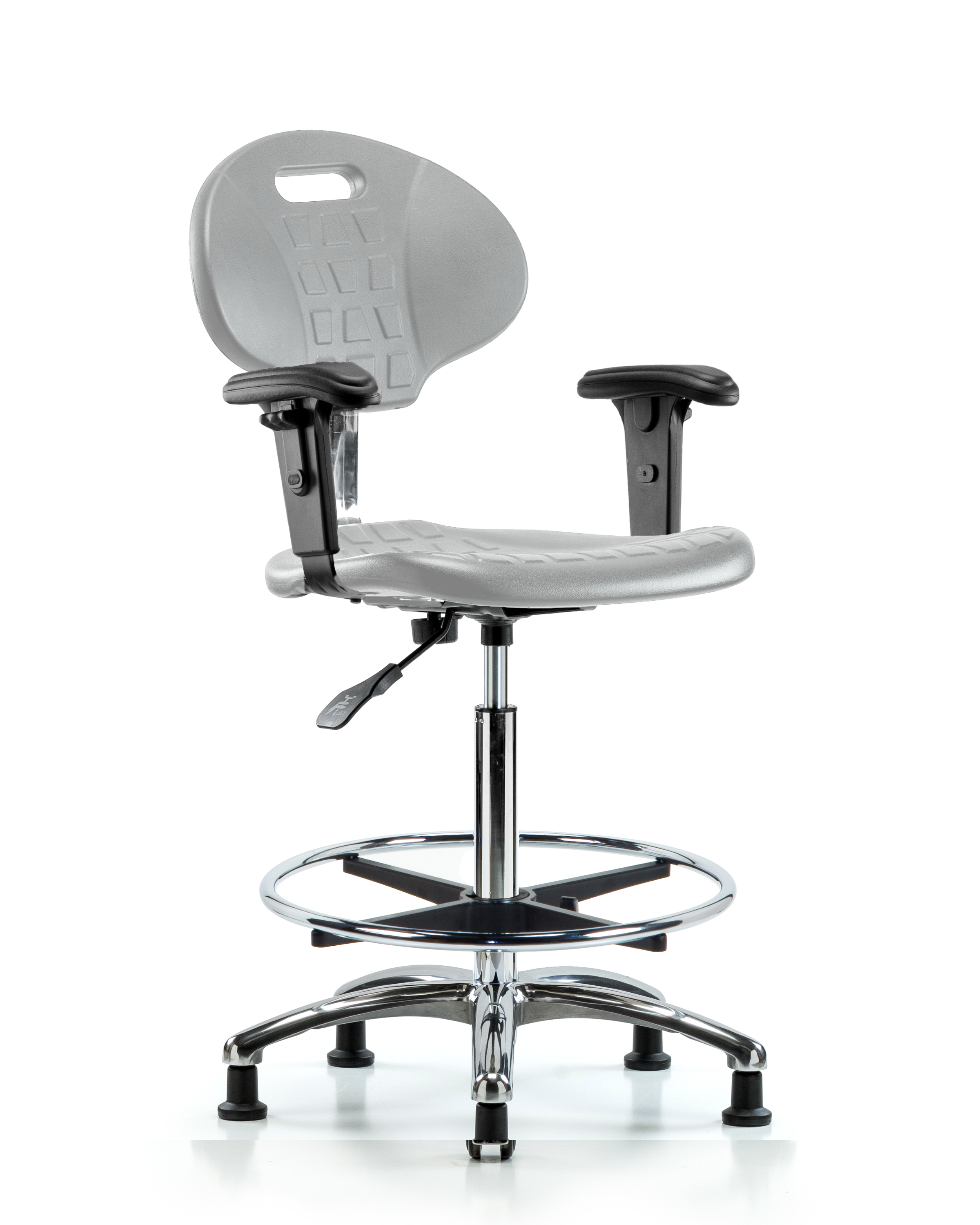 Class 100 Erie Polyurethane Clean Room Chair - High Bench Height with Adjustable Arms, Chrome Foot Ring & Stationary Glides in Gray Polyurethane