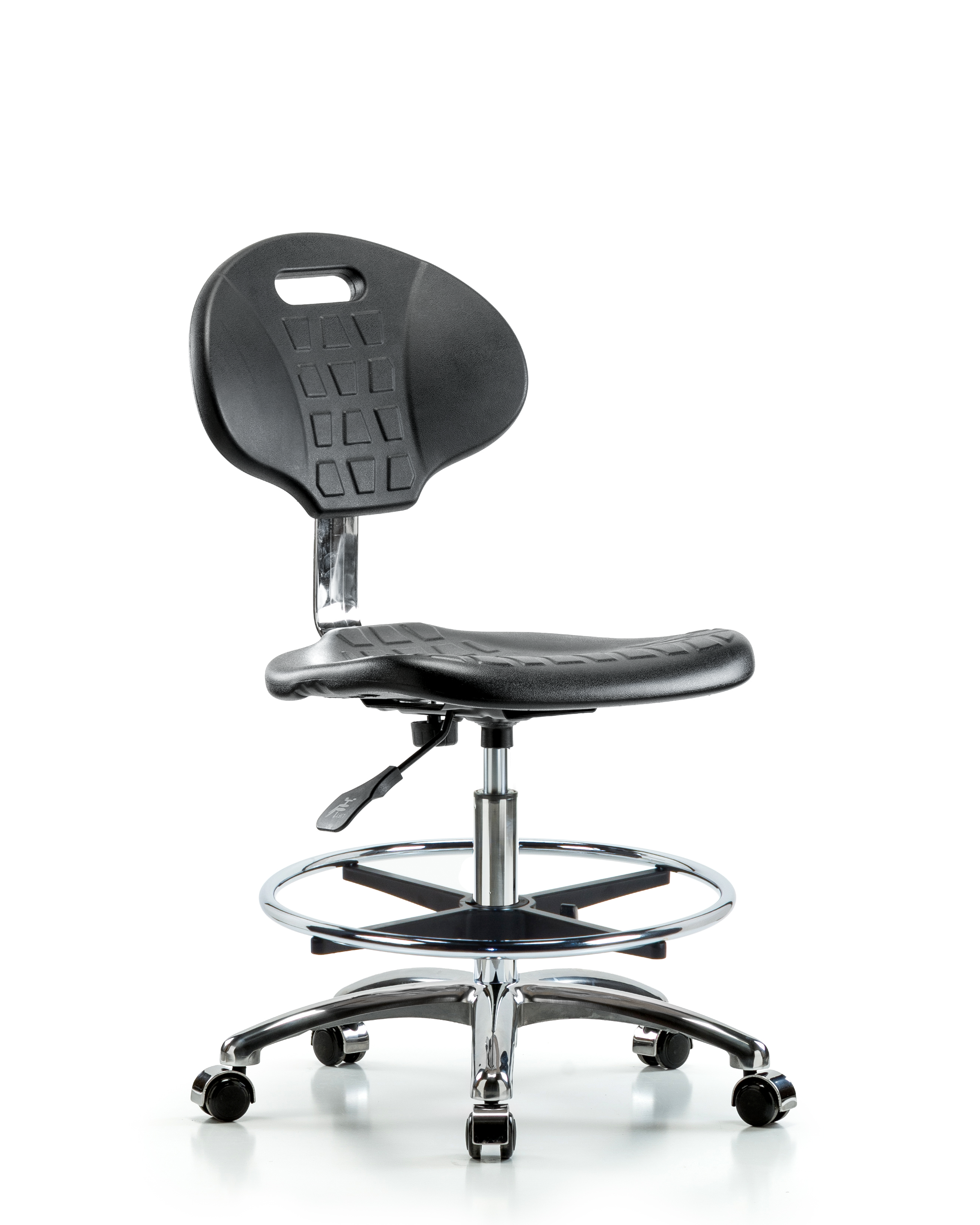Class 10 Erie Polyurethane Clean Room Chair - Medium Bench Height with Chrome Foot Ring & Casters in Black Polyurethane