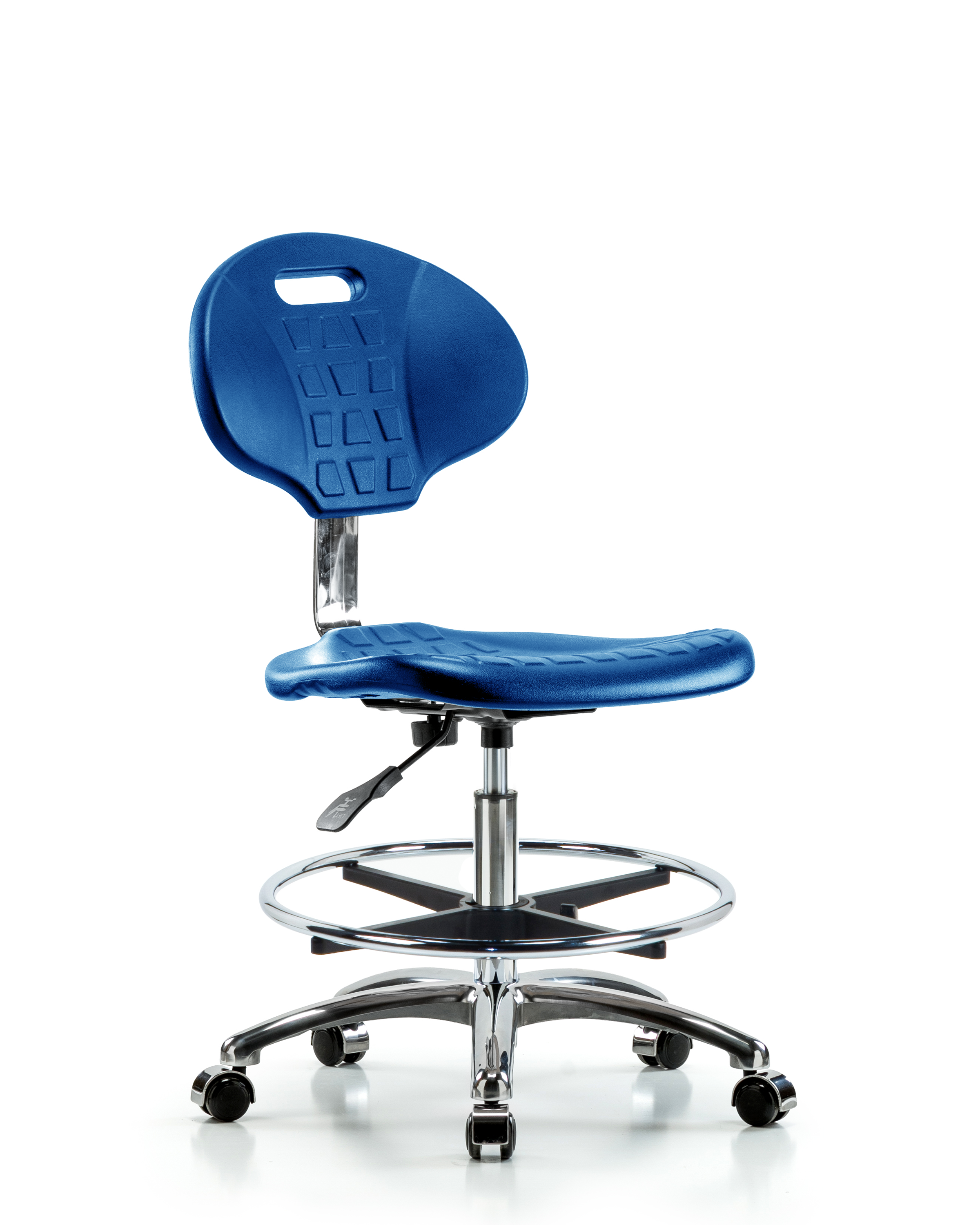Class 10 Erie Polyurethane Clean Room Chair - Medium Bench Height with Chrome Foot Ring & Casters in Blue Polyurethane