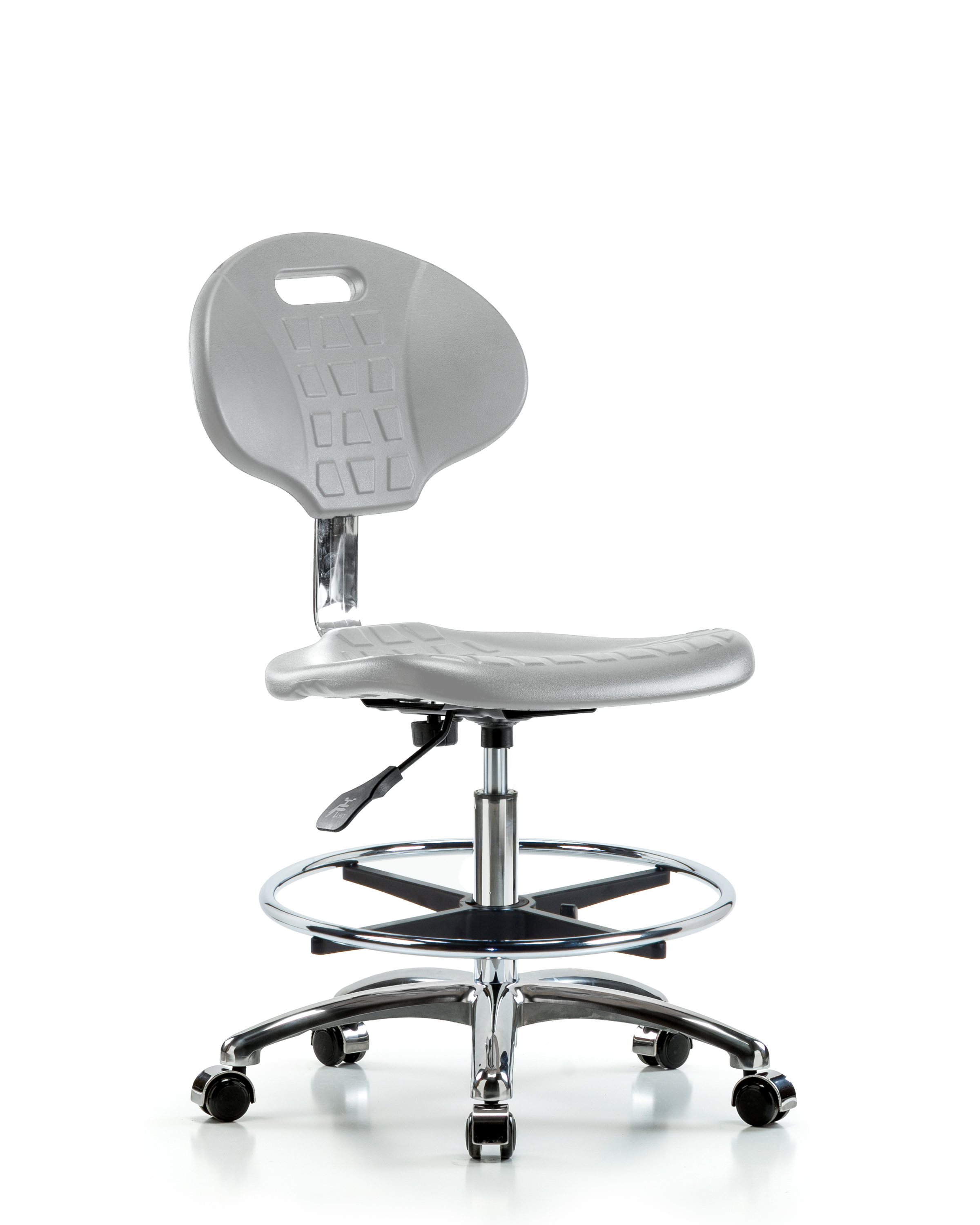Class 10 Erie Polyurethane Clean Room Chair - Medium Bench Height with Chrome Foot Ring & Casters in Gray Polyurethane