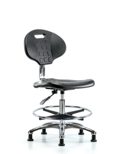 Class 10 Erie Polyurethane Clean Room Chair - Medium Bench Height with Chrome Foot Ring & Stationary Glides in Black Polyurethane