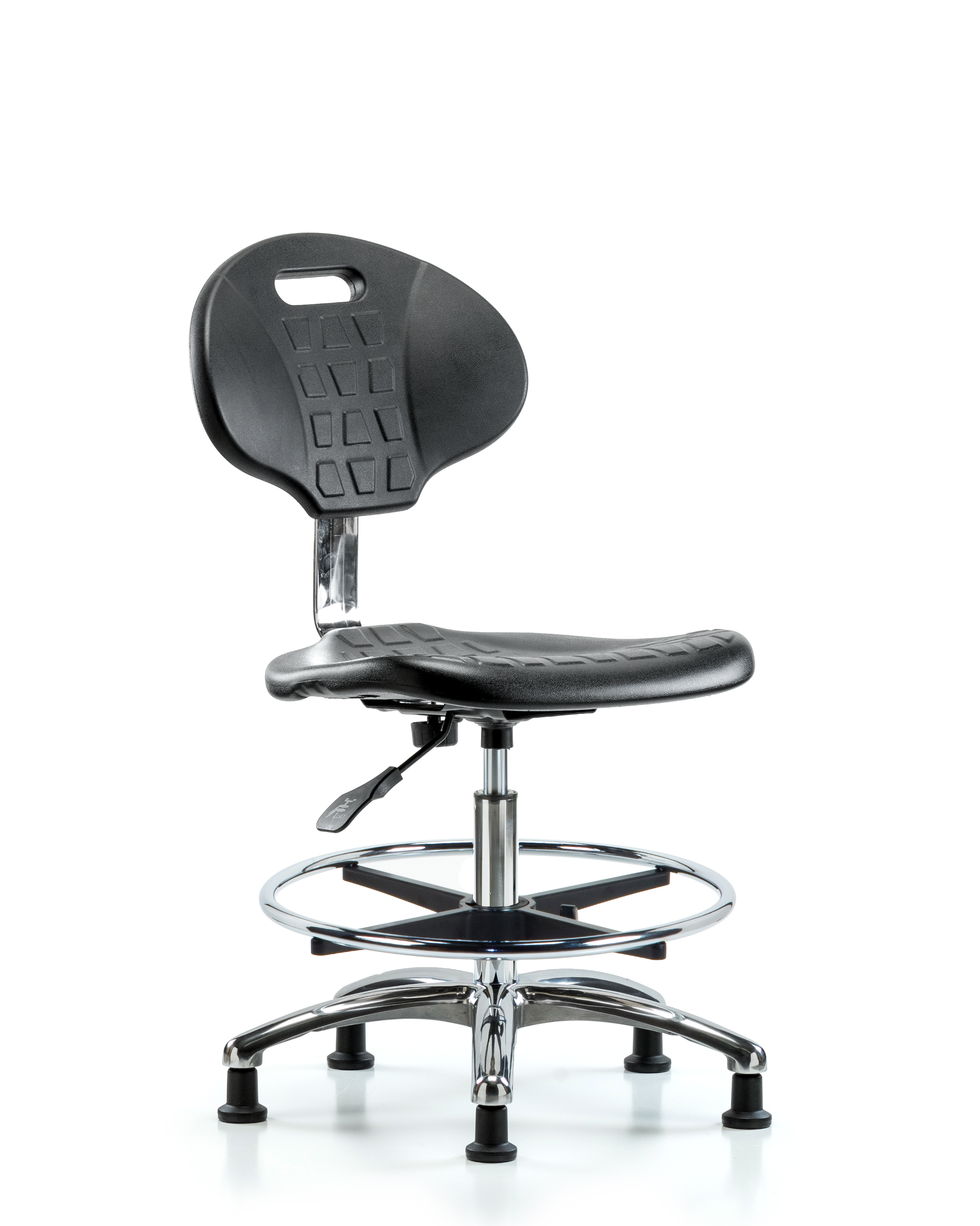 Class 10 Erie Polyurethane Clean Room Chair - Medium Bench Height with Chrome Foot Ring & Stationary Glides in Black Polyurethane