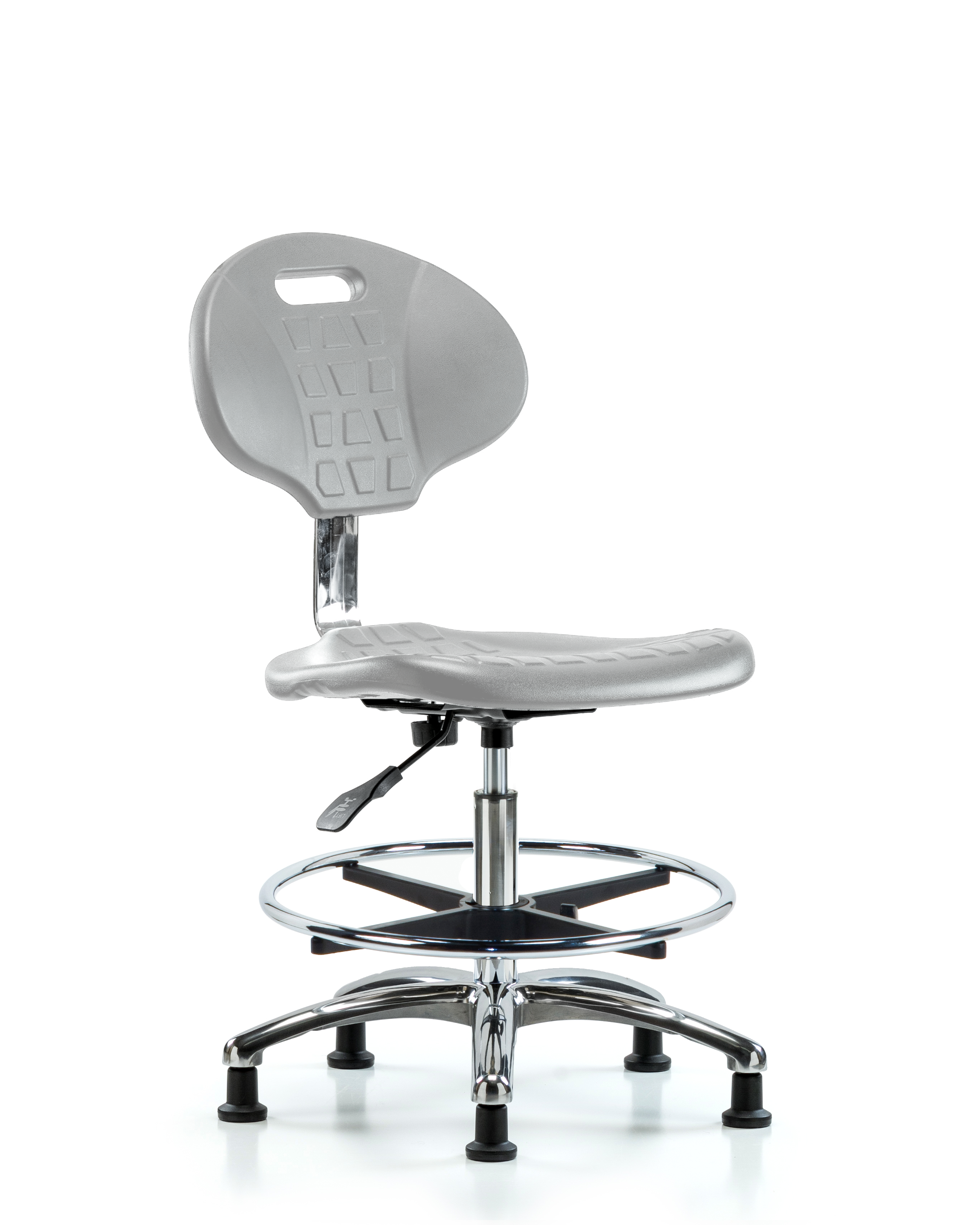 Class 10 Erie Polyurethane Clean Room Chair - Medium Bench Height with Chrome Foot Ring & Stationary Glides in Gray Polyurethane