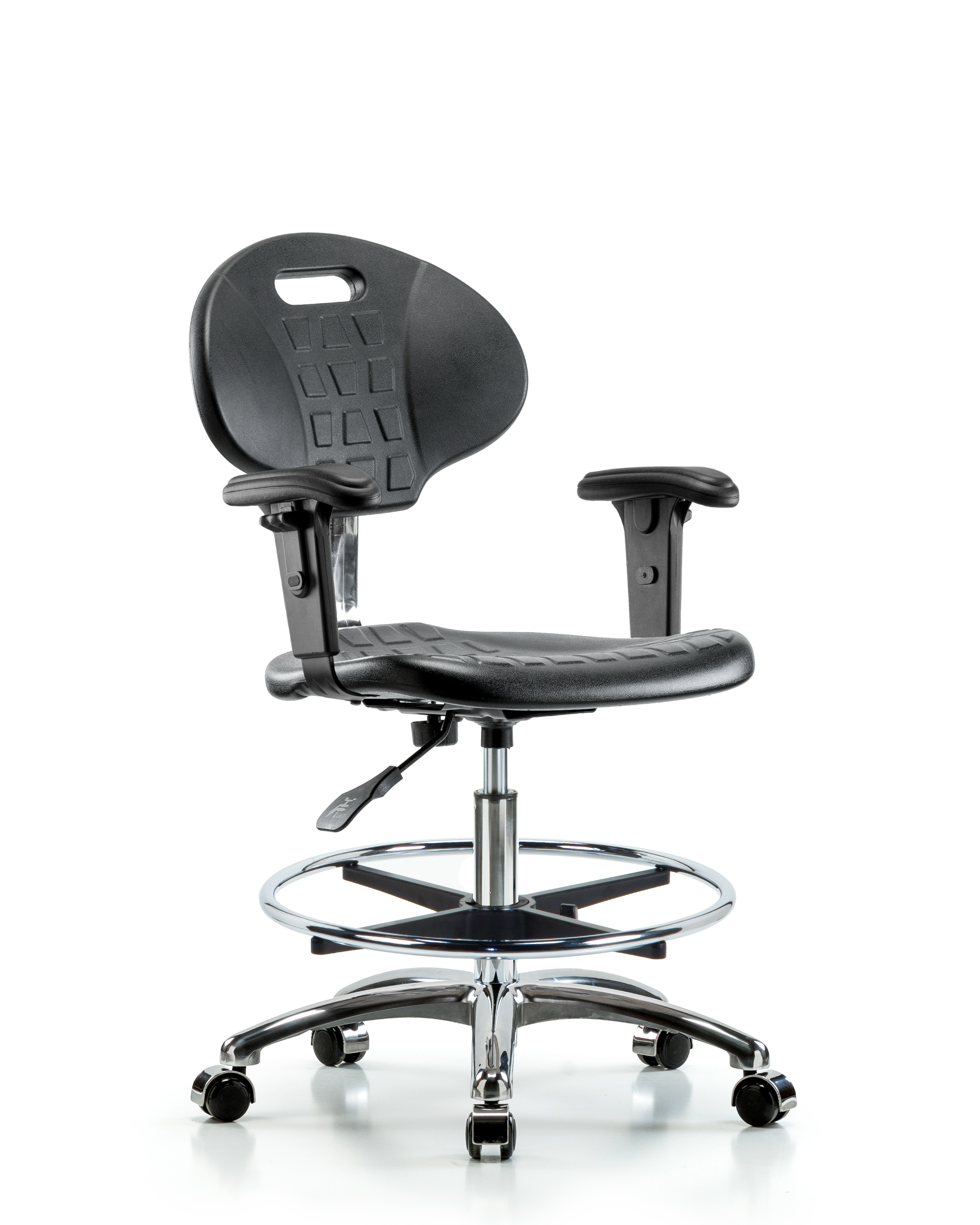 Class 100 Erie Polyurethane Clean Room Chair - Medium Bench Height with Adjustable Arms, Chrome Foot Ring, & Casters in Black Polyurethane
