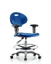 Class 100 Erie Polyurethane Clean Room Chair - Medium Bench Height with Adjustable Arms, Chrome Foot Ring, & Casters in Blue Polyurethane