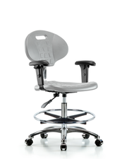 Class 100 Erie Polyurethane Clean Room Chair - Medium Bench Height with Adjustable Arms, Chrome Foot Ring, & Casters in Gray Polyurethane