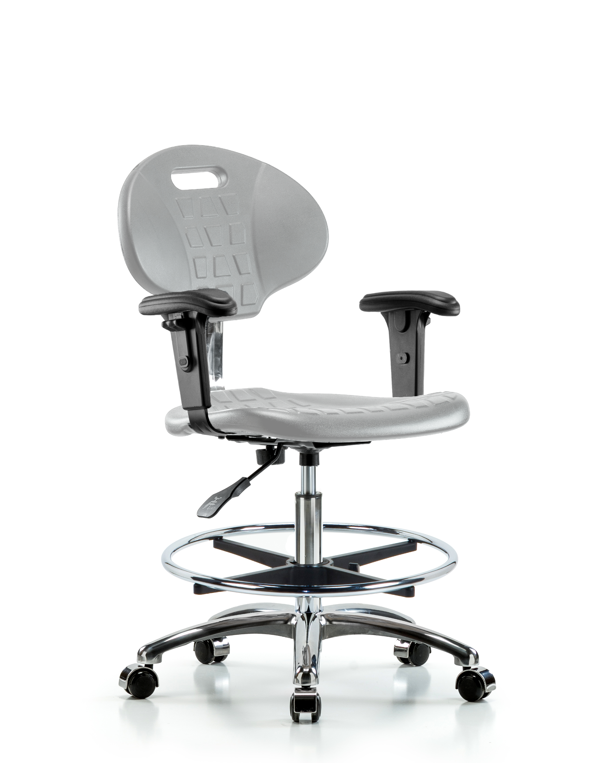 Class 100 Erie Polyurethane Clean Room Chair - Medium Bench Height with Adjustable Arms, Chrome Foot Ring, & Casters in Gray Polyurethane