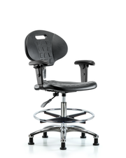 Class 100 Erie Polyurethane Clean Room Chair - Medium Bench Height with Adjustable Arms, Chrome Foot Ring & Stationary Glides in Black Polyurethane