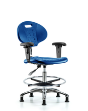 Class 100 Erie Polyurethane Clean Room Chair - Medium Bench Height with Adjustable Arms, Chrome Foot Ring & Stationary Glides in Blue Polyurethane