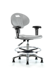 Class 100 Erie Polyurethane Clean Room Chair - Medium Bench Height with Adjustable Arms, Chrome Foot Ring & Stationary Glides in Gray Polyurethane