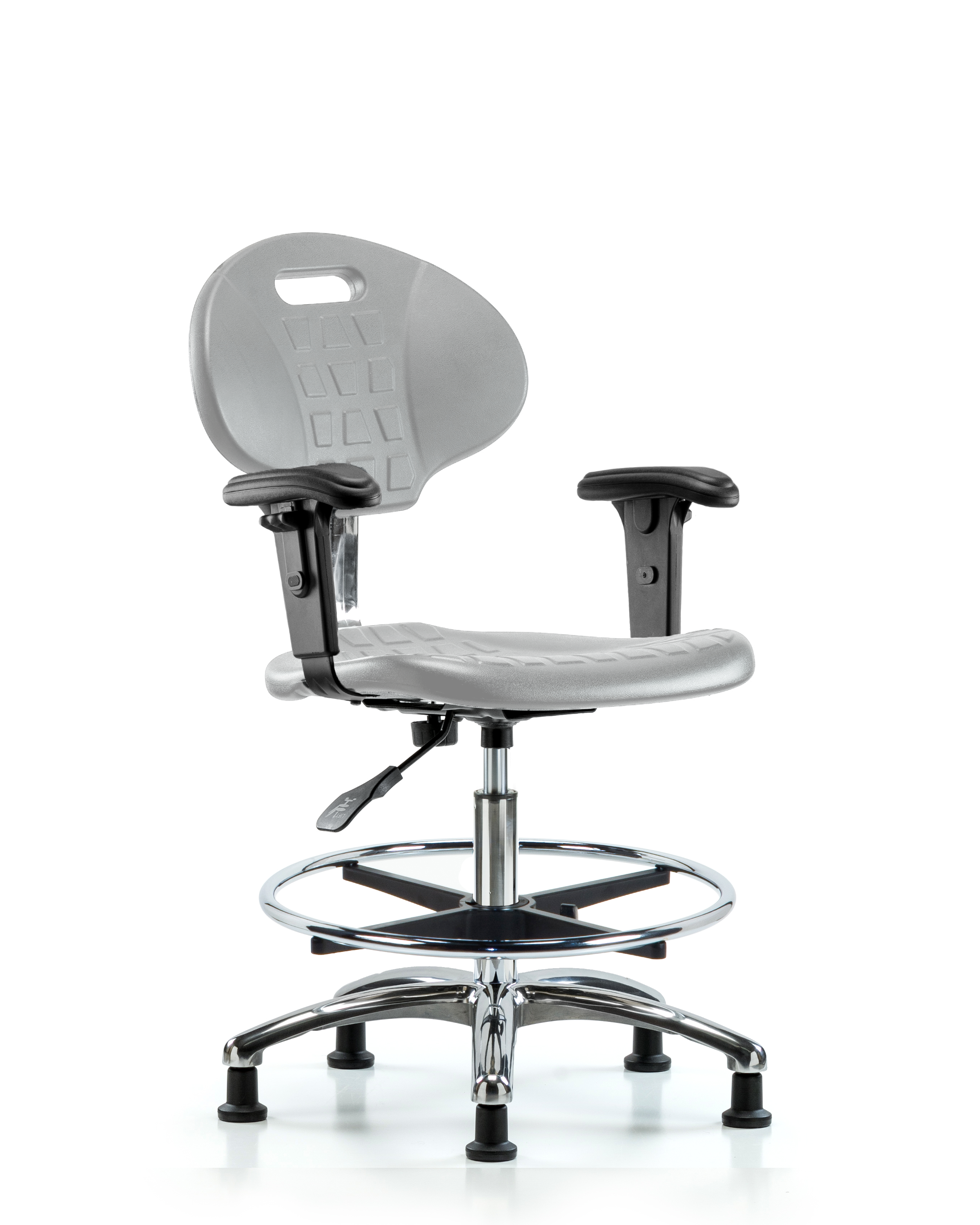 Class 100 Erie Polyurethane Clean Room Chair - Medium Bench Height with Adjustable Arms, Chrome Foot Ring & Stationary Glides in Gray Polyurethane