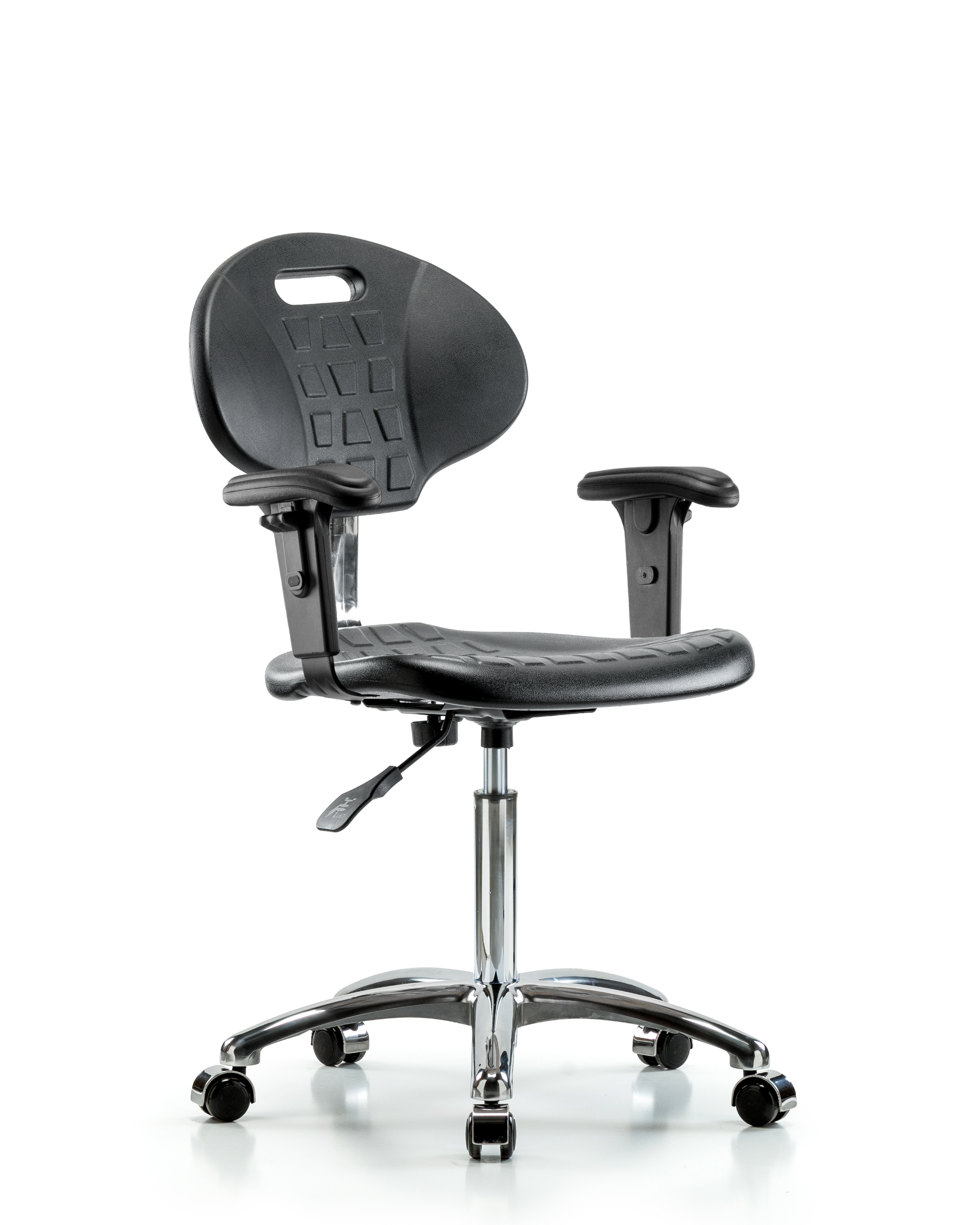 Class 100 Erie Polyurethane Clean Room Chair - Medium Bench Height with Adjustable Arms & Casters in Black Polyurethane