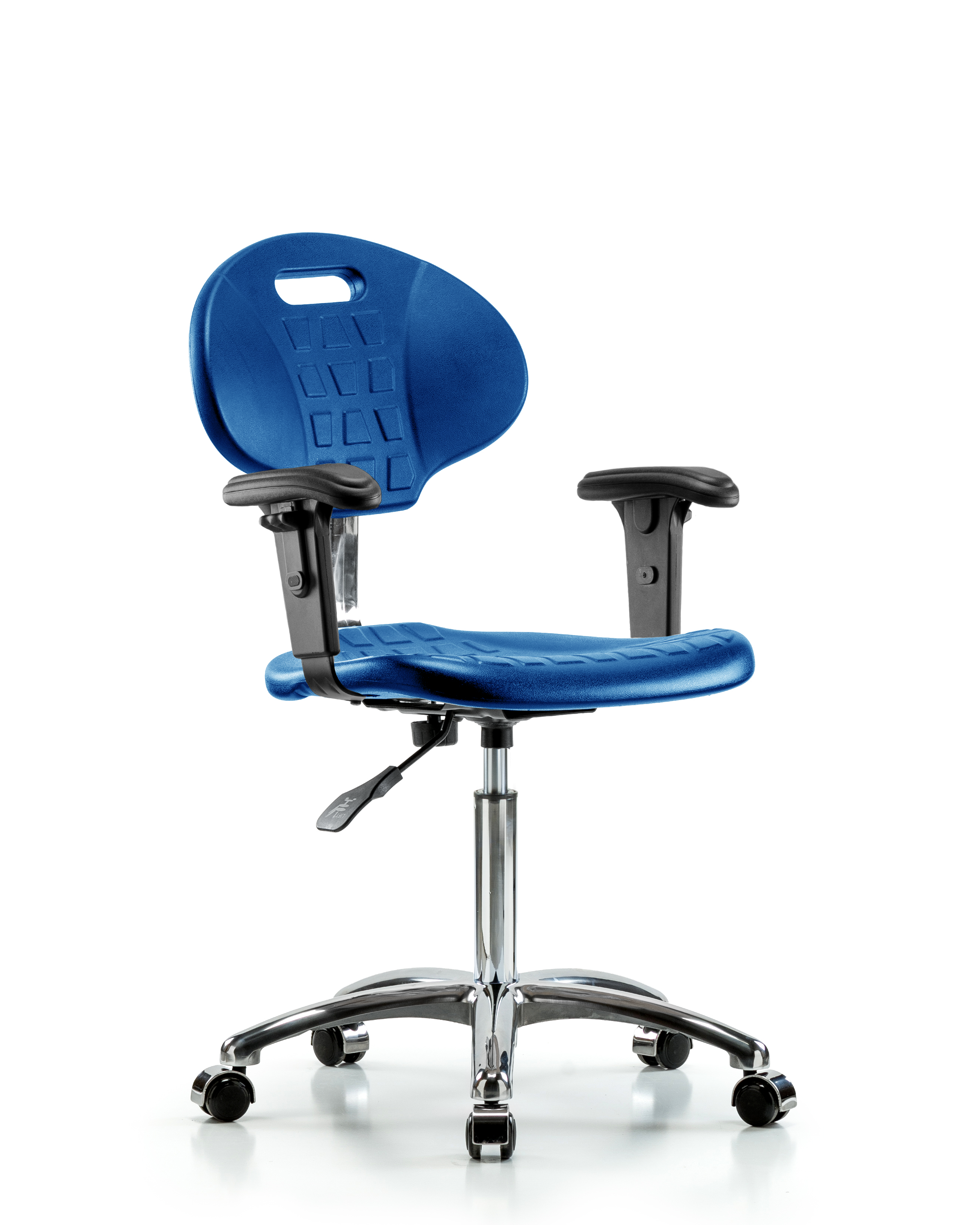 Class 100 Erie Polyurethane Clean Room Chair - Medium Bench Height with Adjustable Arms & Casters in Blue Polyurethane