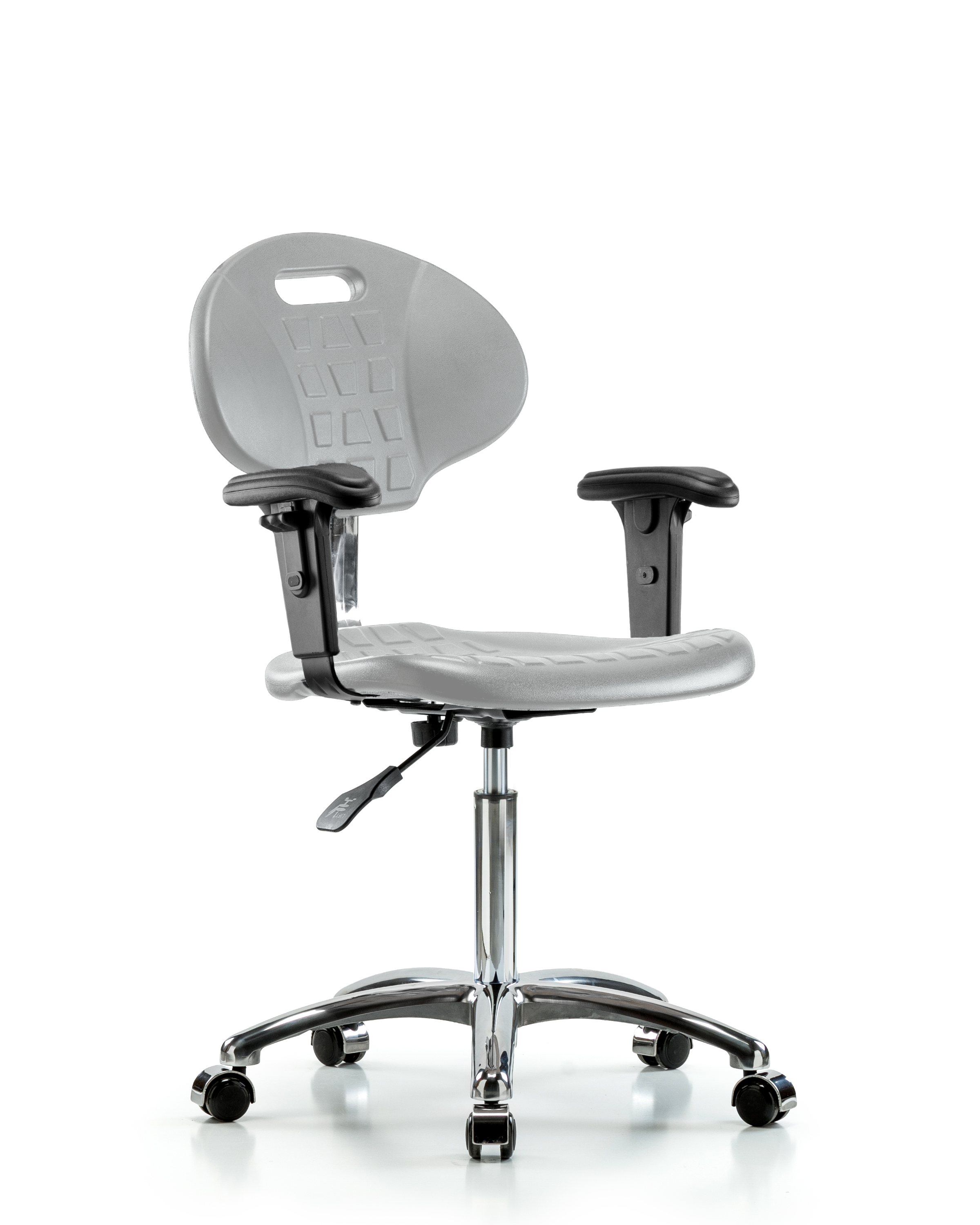 Class 100 Erie Polyurethane Clean Room Chair - Medium Bench Height with Adjustable Arms & Casters in Gray Polyurethane